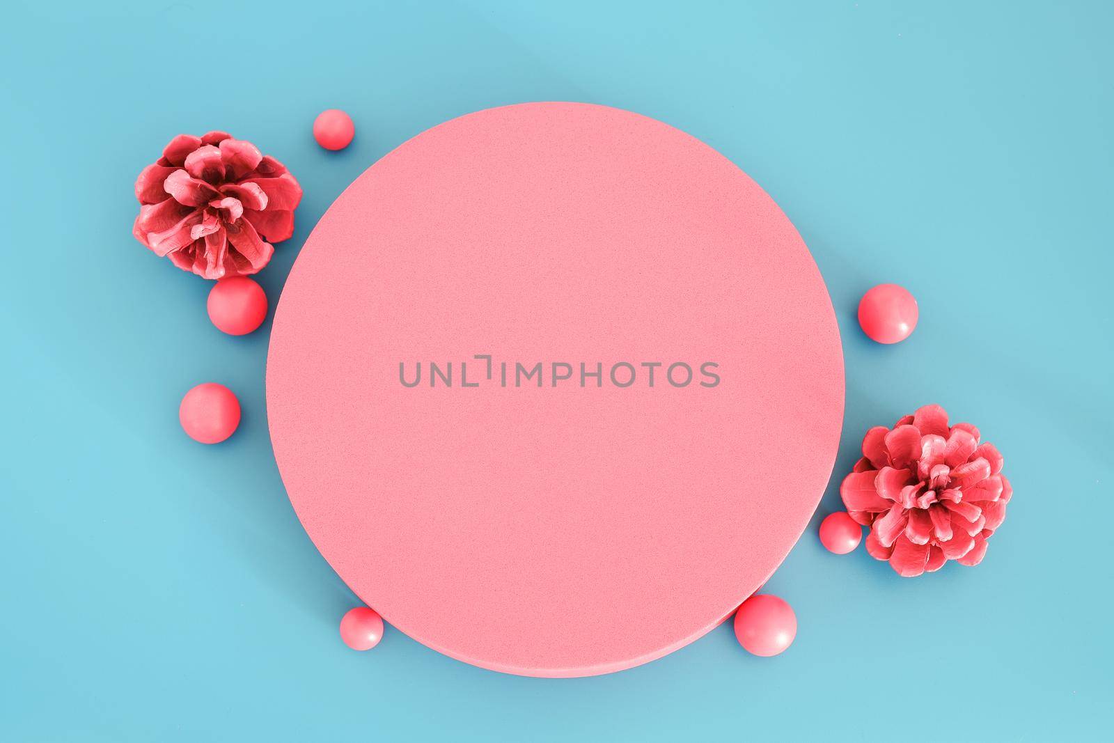 Pink Christmas composition on the blue background. Trendy Xmas background, mockup. Modern design. Free space for text, copy space. Flat lay, top view. by creativebird