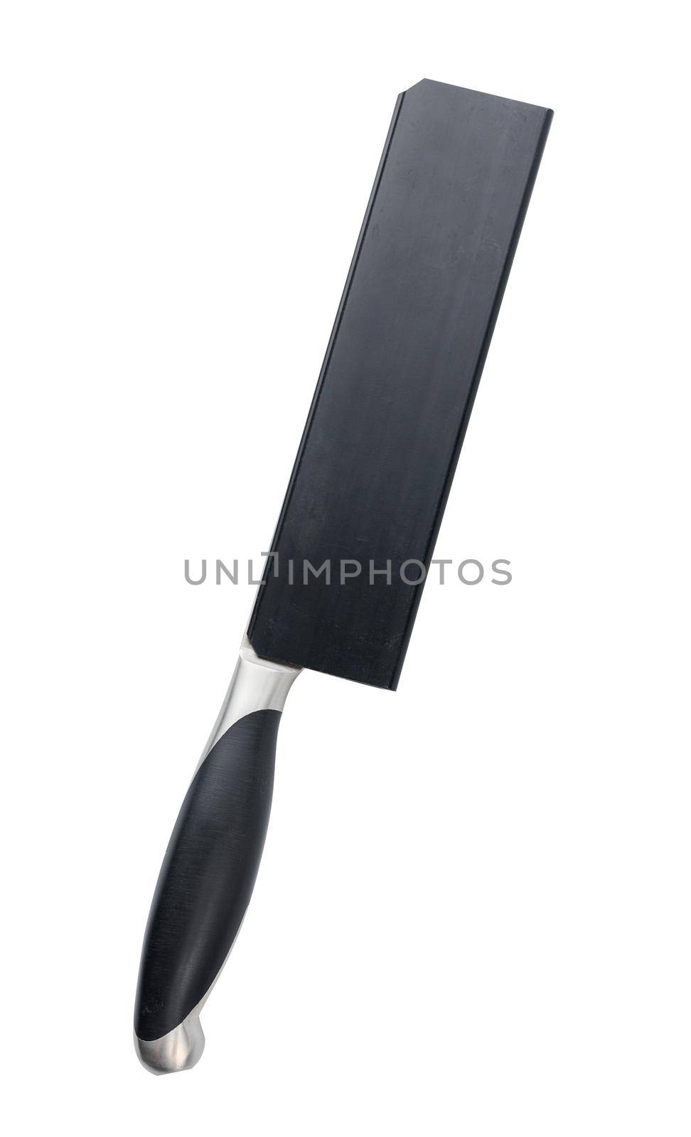 Large kitchen knife in a plastic sheath isolated on white background