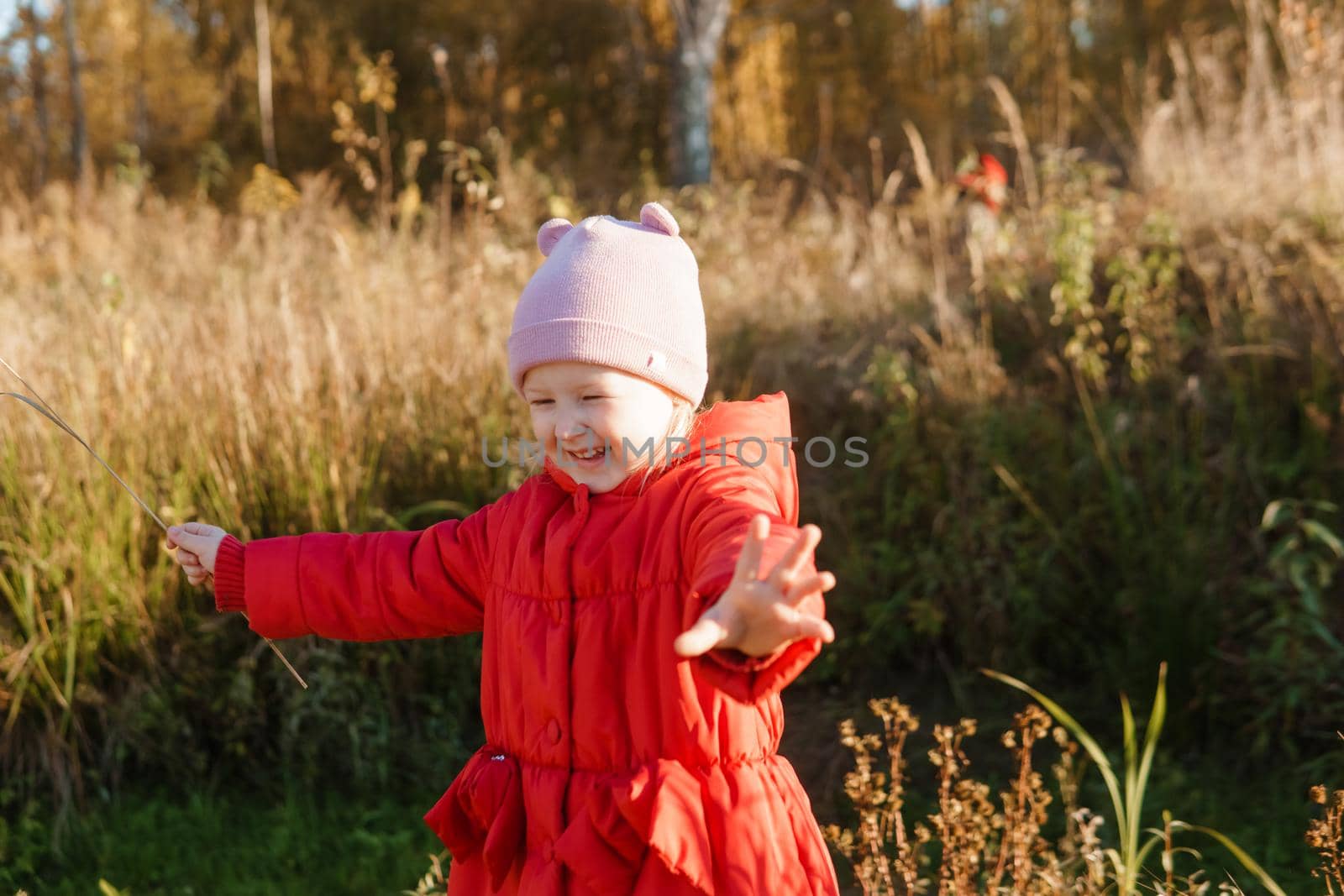 A little girl in a red coat walks in nature in an autumn grove. The season is autumn.