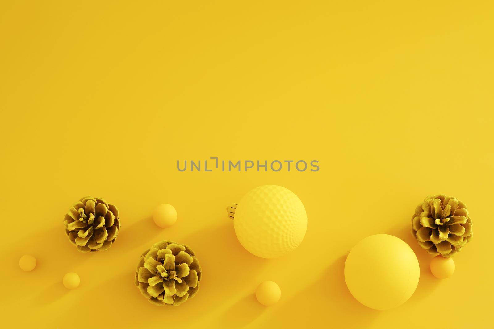 Yellow Christmas composition on the yellow background. Trendy Xmas background, mockup. Modern design. Free space for text, copy space. Flat lay, top view. by creativebird