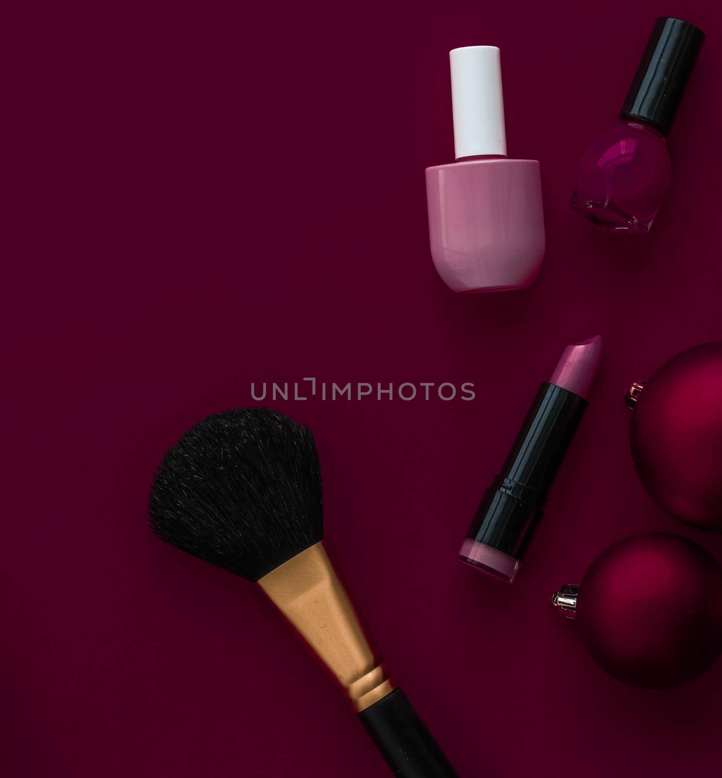 Cosmetic branding, fashion blog cover and girly glamour concept - Make-up and cosmetics product set for beauty brand Christmas sale promotion, luxury burgundy flatlay background as holiday design