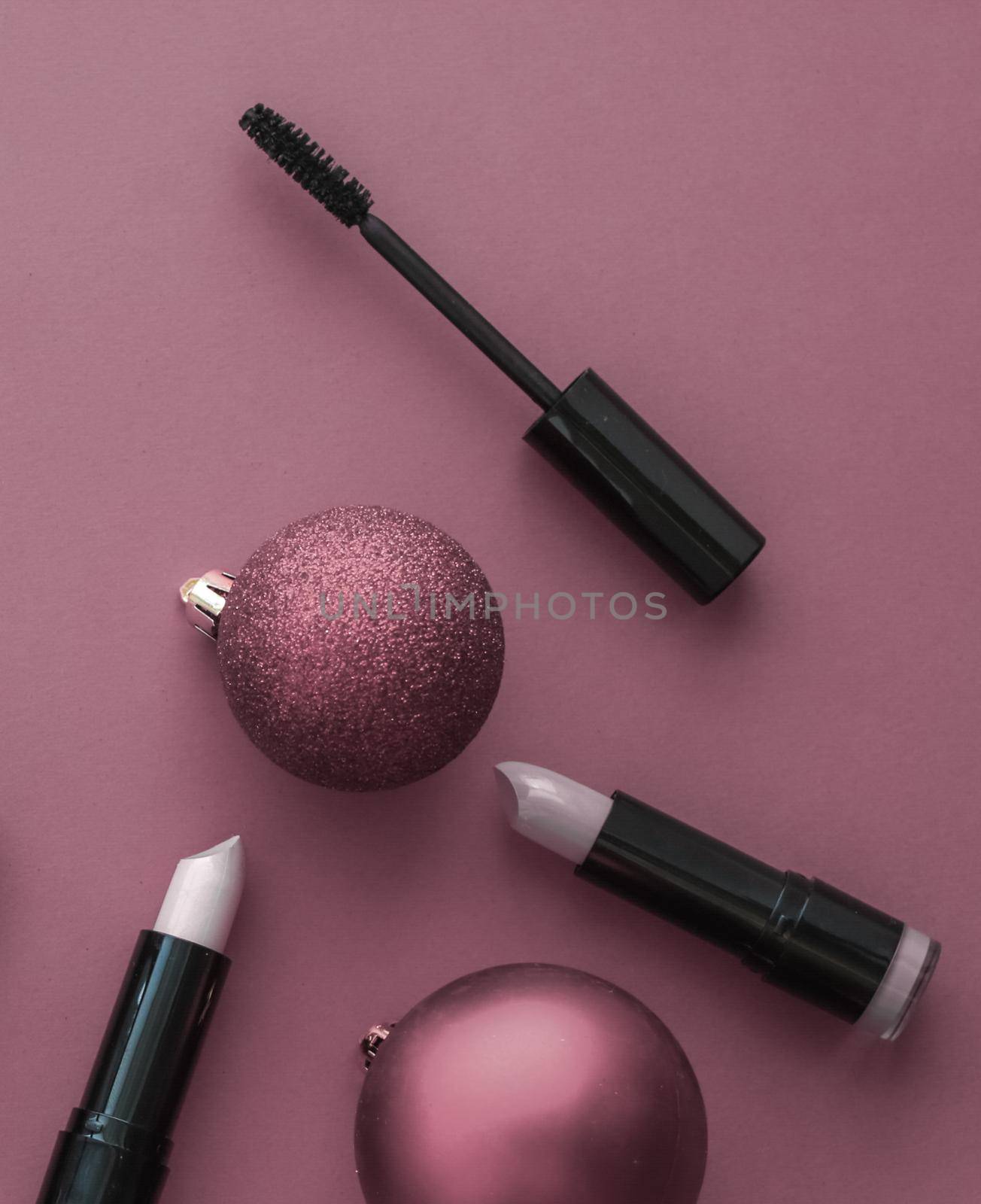 Cosmetic branding, fashion blog cover and girly glamour concept - Make-up and cosmetics product set for beauty brand Christmas sale promotion, luxury purple flatlay background as holiday design