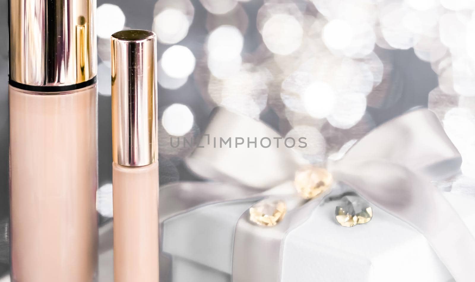 Cosmetic branding, Christmas glitter and girly blog concept - Holiday make-up foundation base, concealer and white gift box, luxury cosmetics present and blank label products for beauty brand design