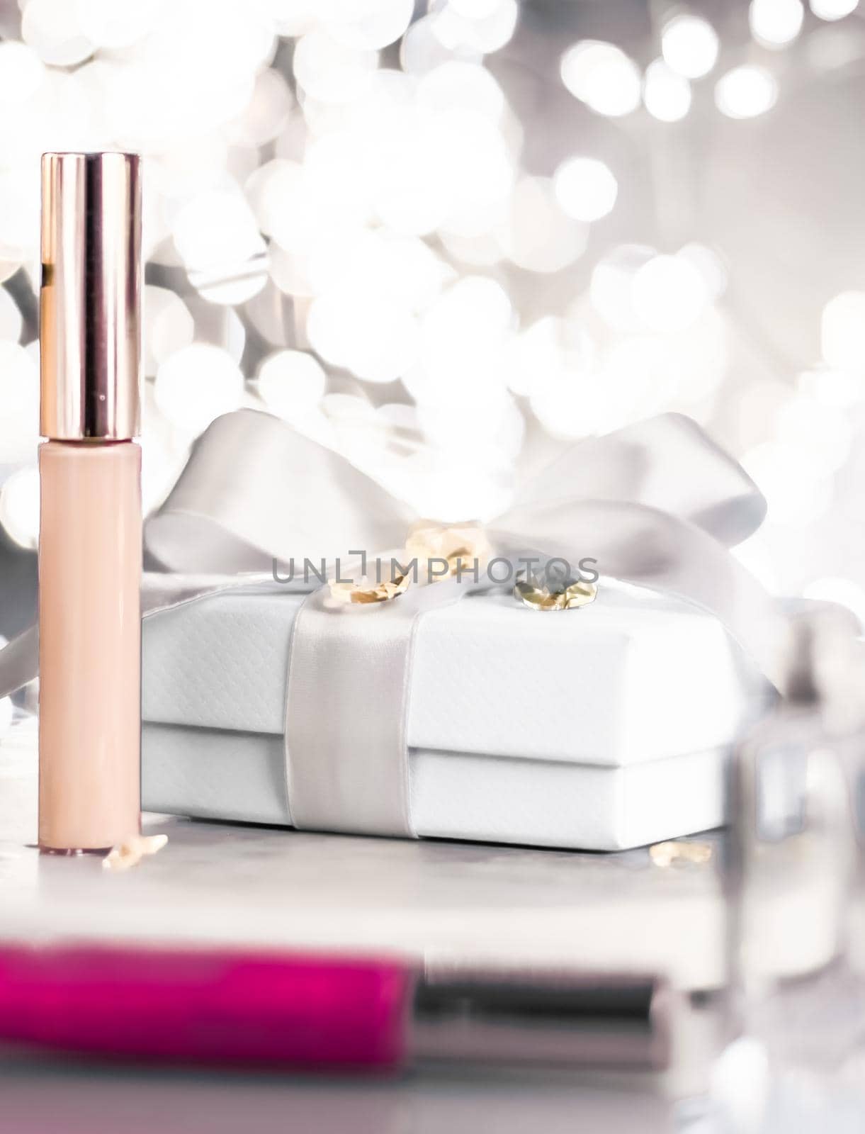 Cosmetic branding, Christmas glitter and girly blog concept - Holiday make-up foundation base, concealer and white gift box, luxury cosmetics present and blank label products for beauty brand design