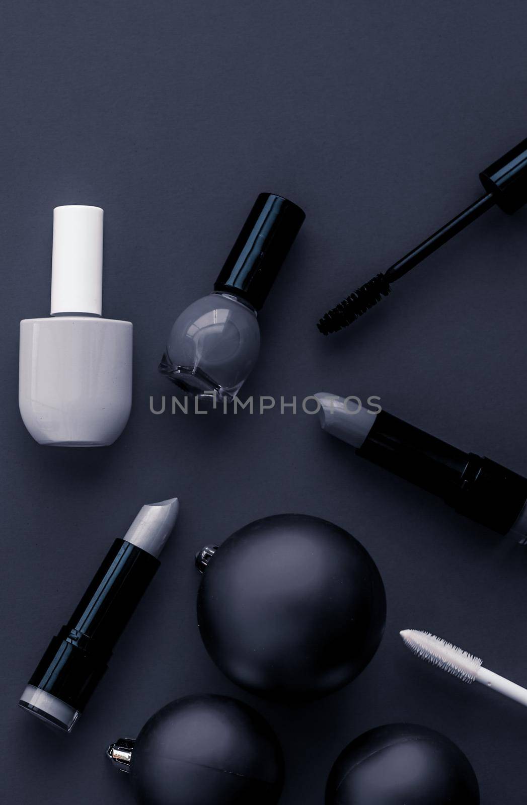 Make-up and cosmetics product set for beauty brand Christmas sale promotion, luxury black flatlay background as holiday design by Anneleven