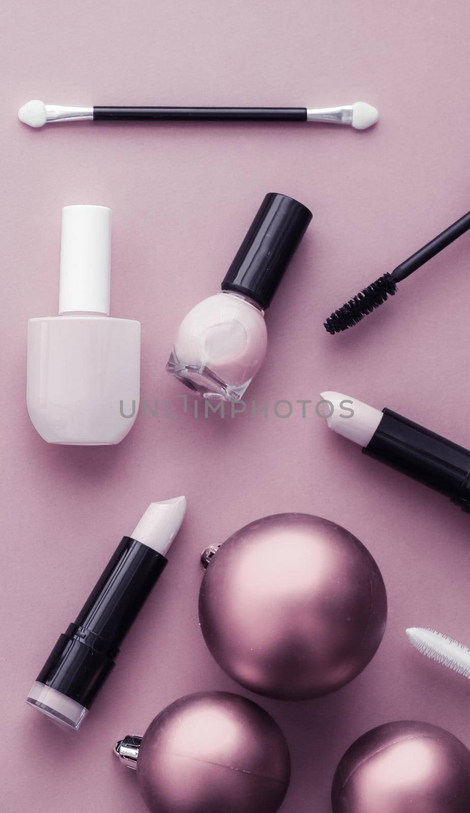 Cosmetic branding, fashion blog cover and girly glamour concept - Make-up and cosmetics product set for beauty brand Christmas sale promotion, luxury purple flatlay background as holiday design