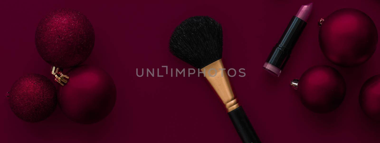 Cosmetic branding, fashion blog cover and girly glamour concept - Make-up and cosmetics product set for beauty brand Christmas sale promotion, luxury burgundy flatlay background as holiday design