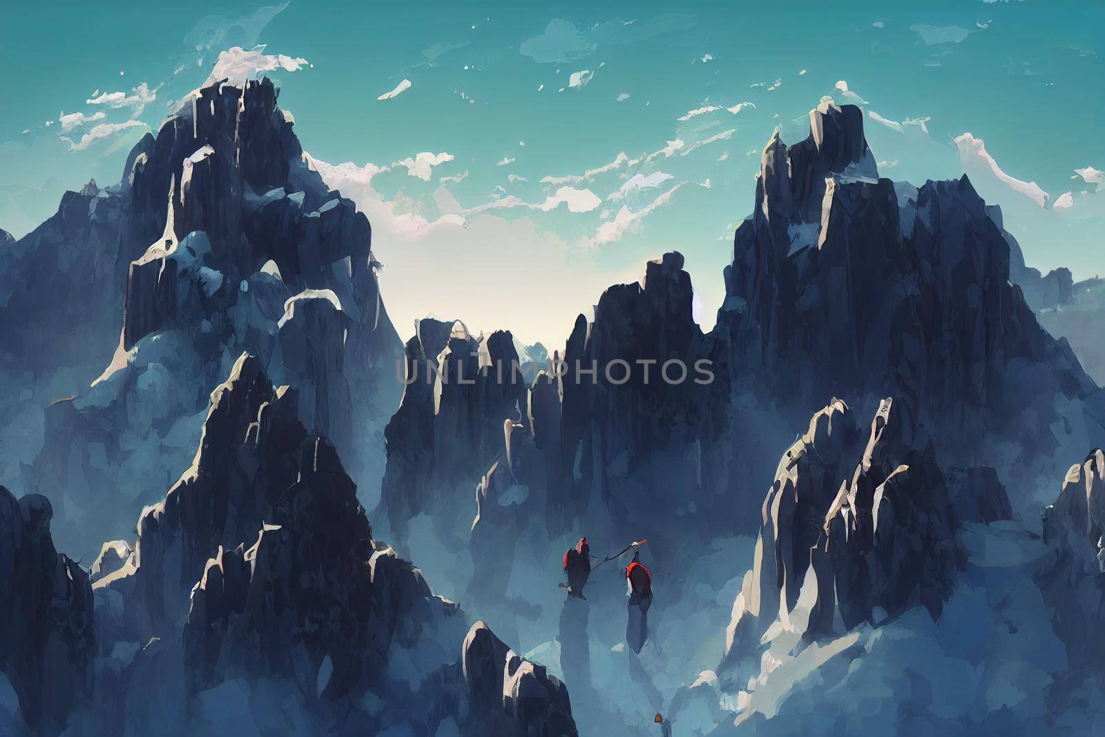 Concept of teamwork with team climbing mountain top, anime style, webtoon style