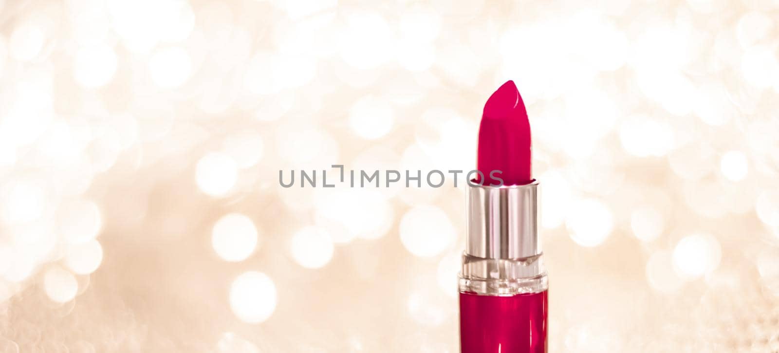 Cosmetic branding, sale and glamour concept - Maroon lipstick on golden Christmas, New Years and Valentines Day holiday glitter background, make-up and cosmetics product for luxury beauty brand
