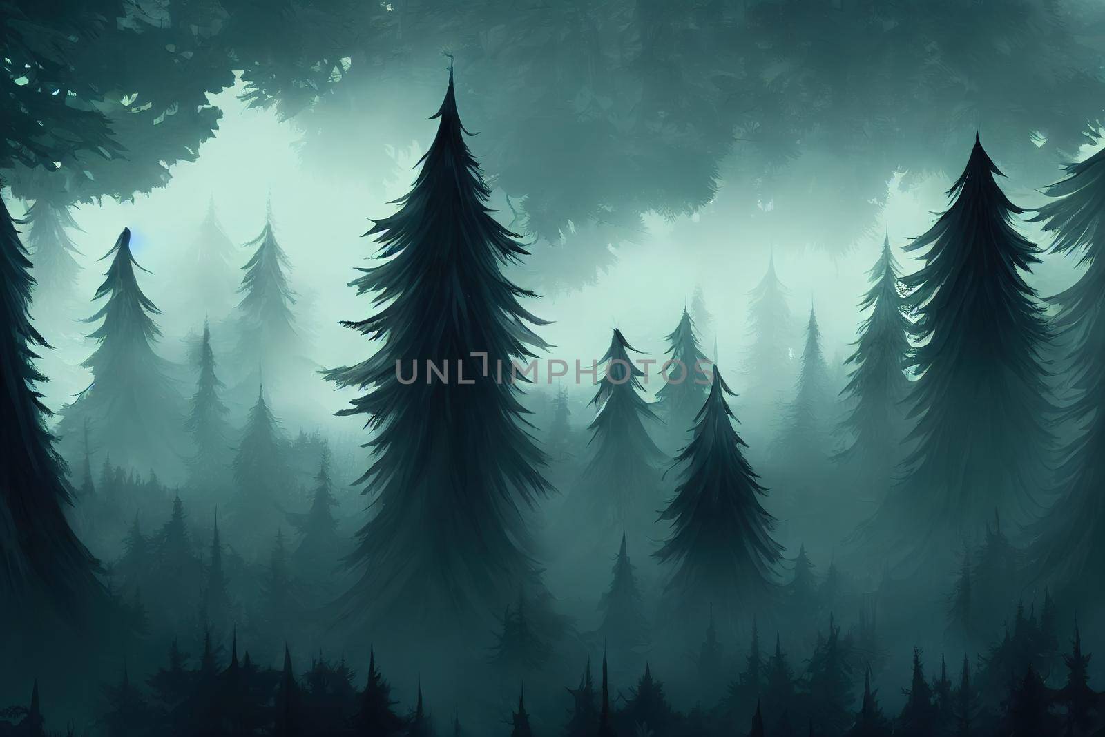 Dark foggy pine scary forest, anime style, style, toon,