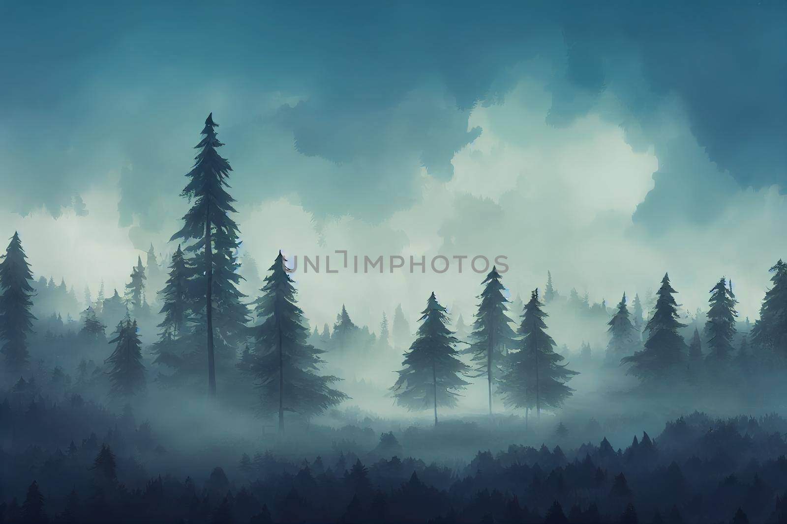 Foggy forest in a gloomy landscape, anime style, style, toon,