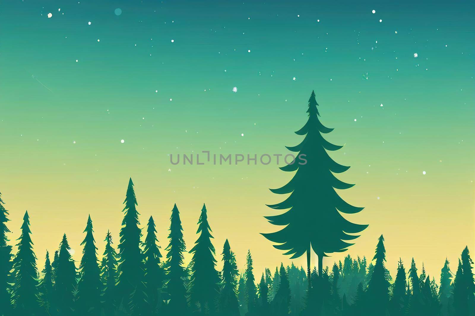 Forest background nature landscape. Evergreen coniferous trees. Pine, spruce, Christmas tree. Silhouette , anime style