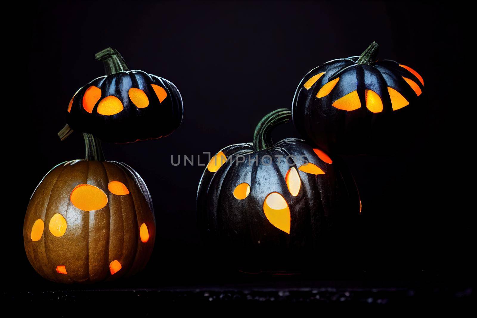 Glowing pumpkins levitate on a black background illustration