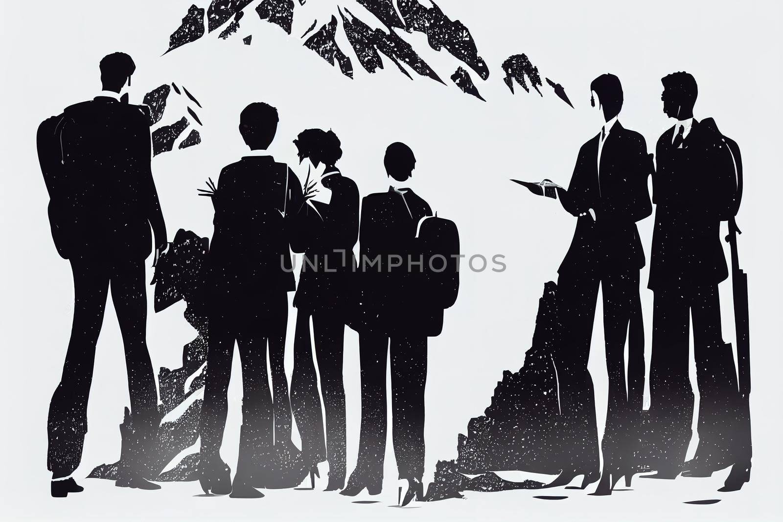 Silhouette group of businesspeople helping each other hike up a mountain on white background, Business, success, leadership