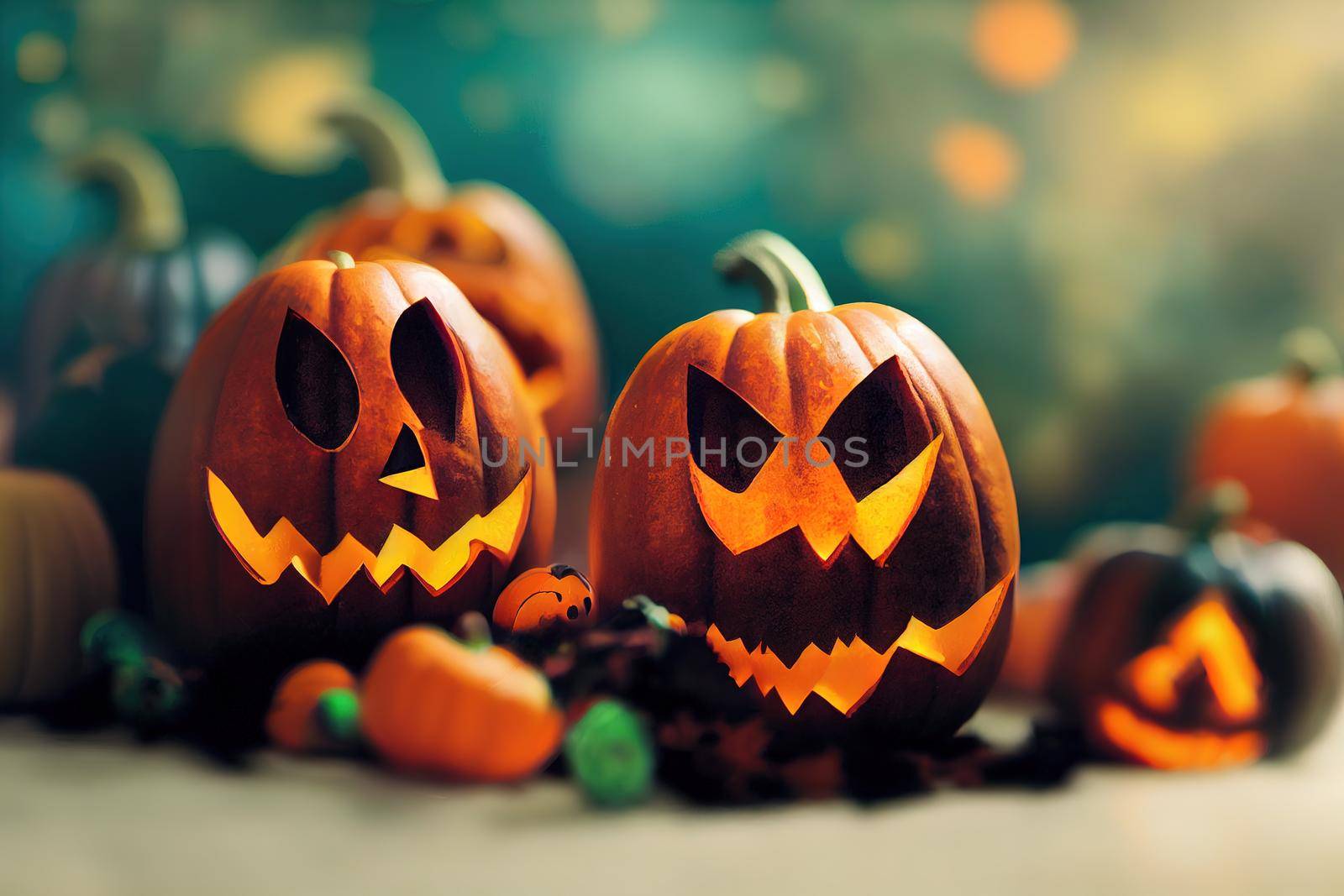 Halloween All Hallows Eve All Saints Eve illustration set with smiling nightmare pumpkin lamps, skull with a candle, spider and a spider net, full moon and bat, pumpkin with wings