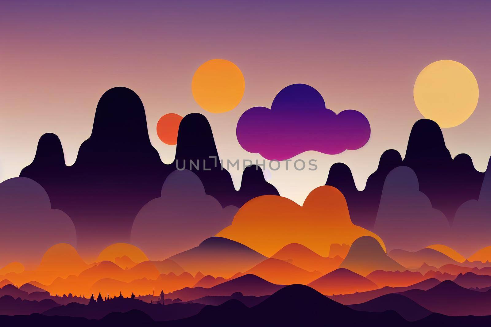 bright silhouettes of orange and purple mountains in the evening with clouds in the sky, 2d illustration, 2d style
