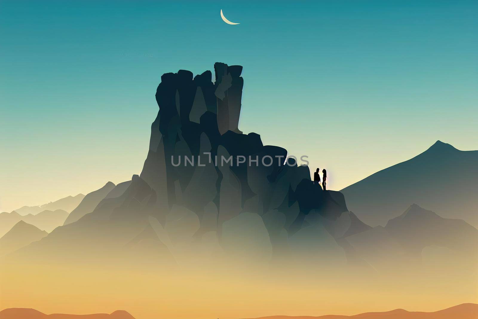 Silhouette of people on rock at beautiful mountain viewpoint, Views of mountain range from Tafilah Highway, Jordan,, 2d illustration, 2d style