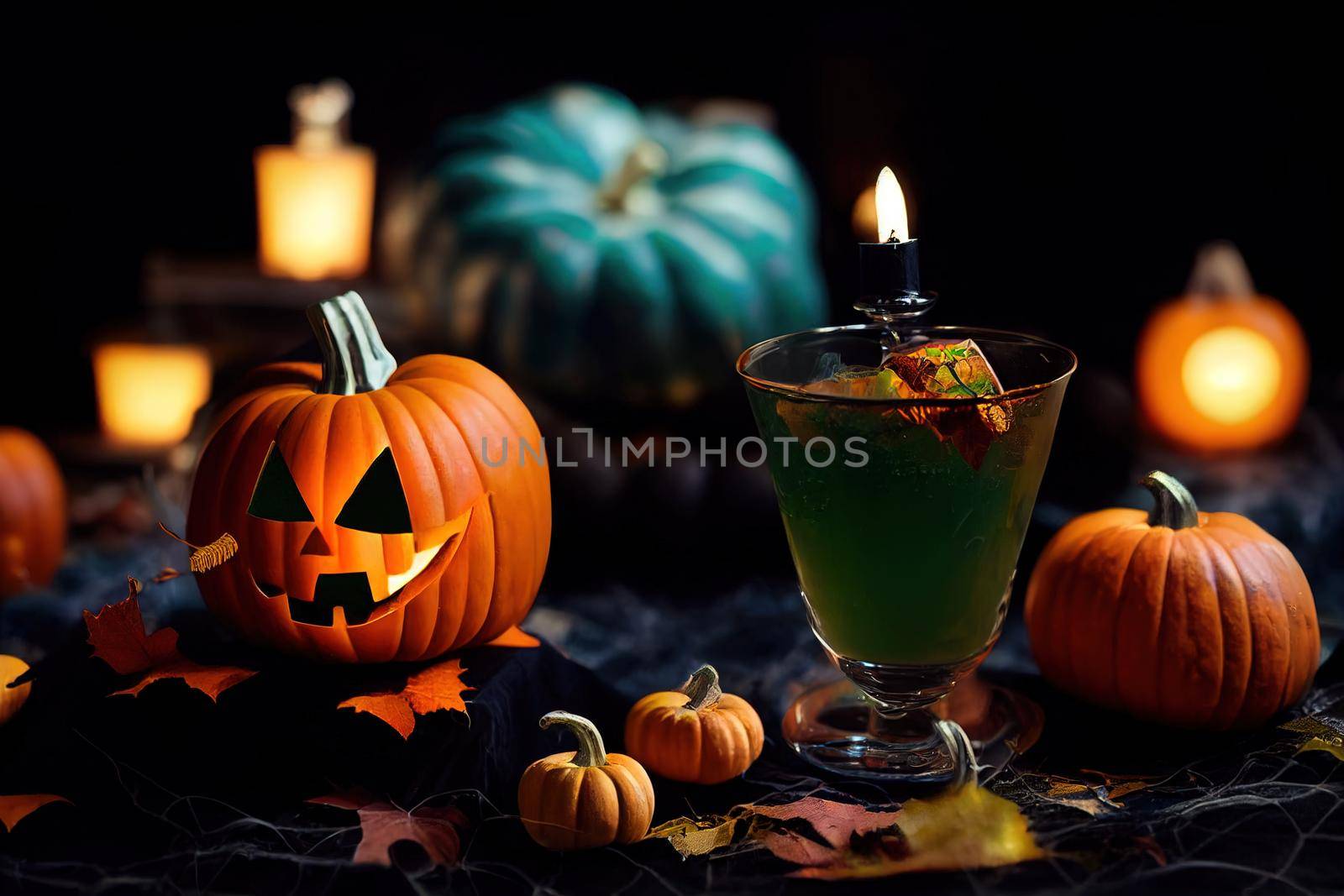 Halloween composition with festive drink, green cocktail and pumpkins lanterns, smoke and fallen leaves on night dark blue background, selective focus