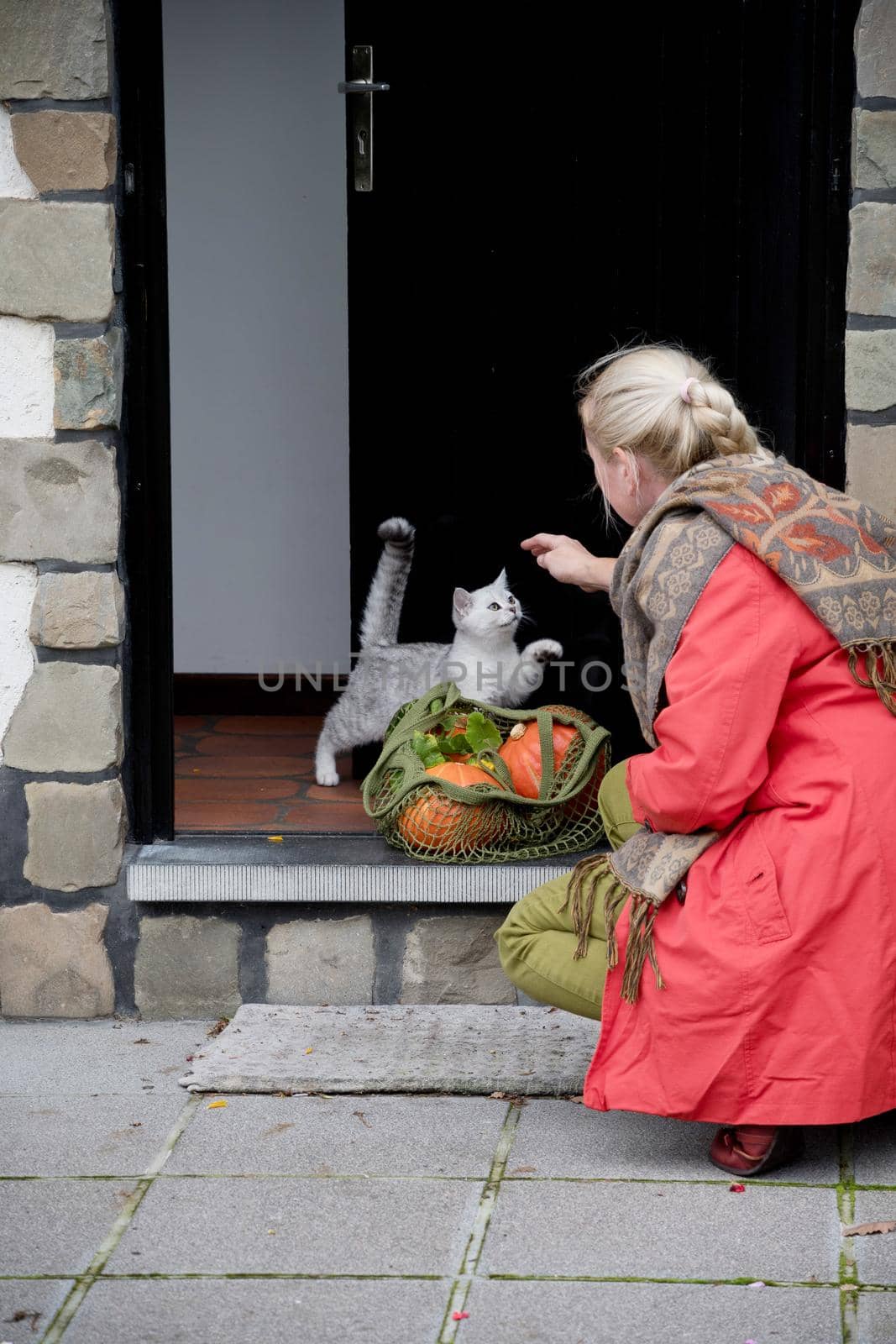 A middle-aged woman in a red cloak with a net of orange pumpkins opens the door to the house, and a kitten meets her on the threshold. High quality photo