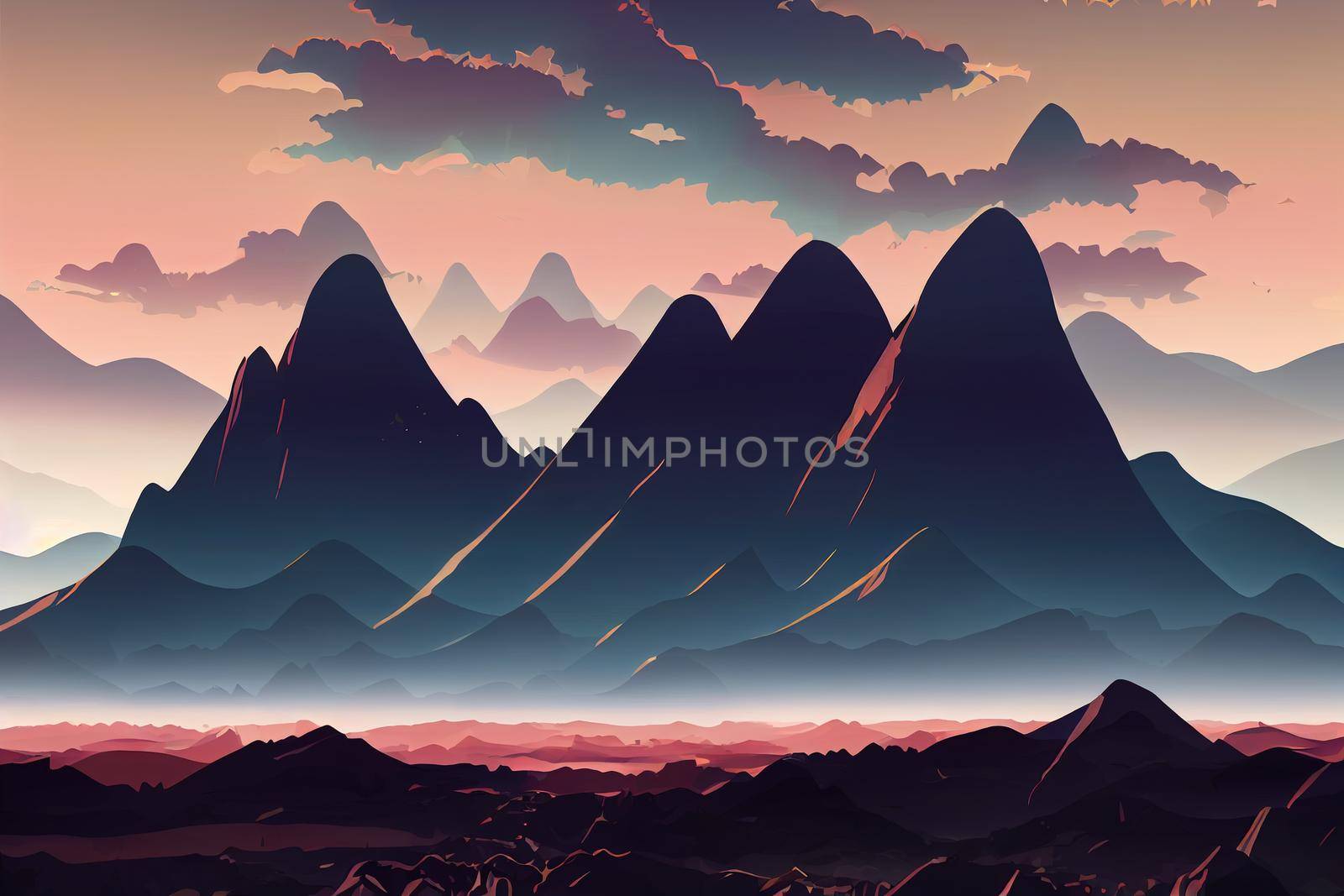 Mountain landscape with a dawn, an elongated format for the convenience of using it as a background,, anime style, cartoon style, toon style