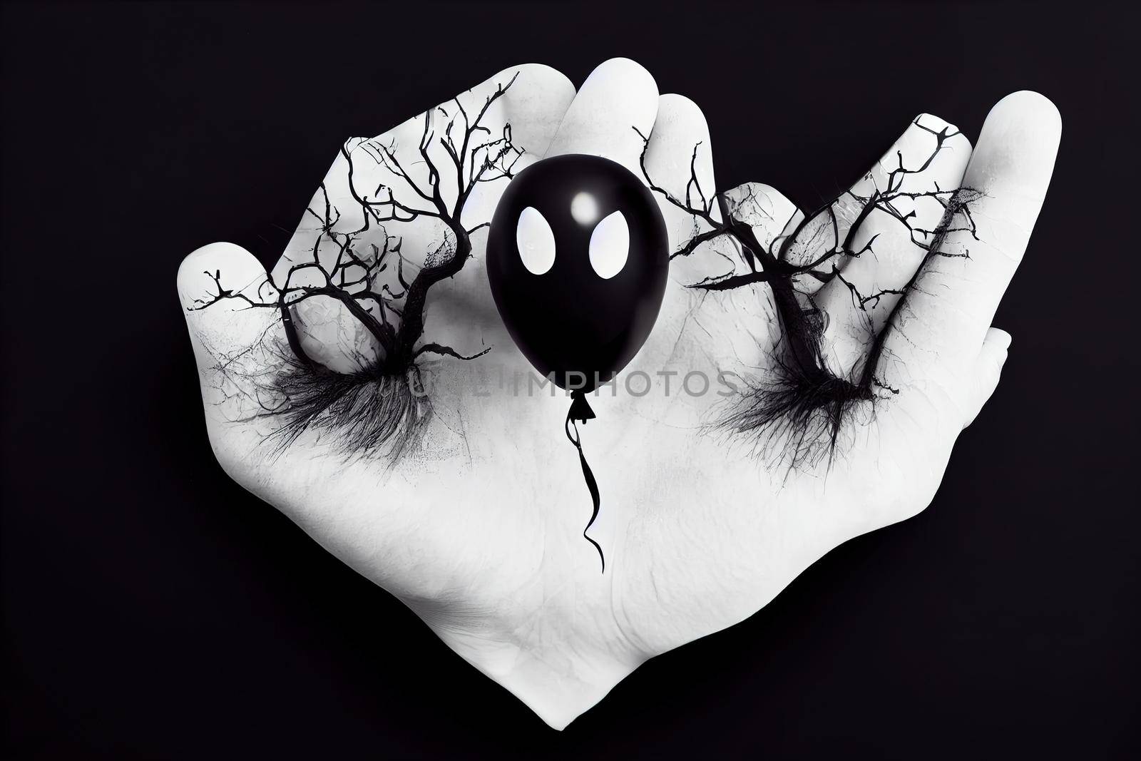 Halloween concept. Word Boo on black balloon in girl's hand. Flat lay, top view.