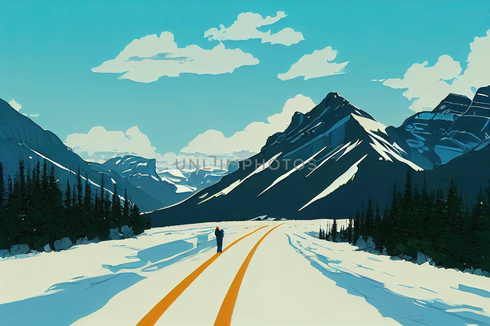 Road from Banff to Columbia Icefield, Banff National Park, Alberta, Canada, anime style, cartoon style toon style