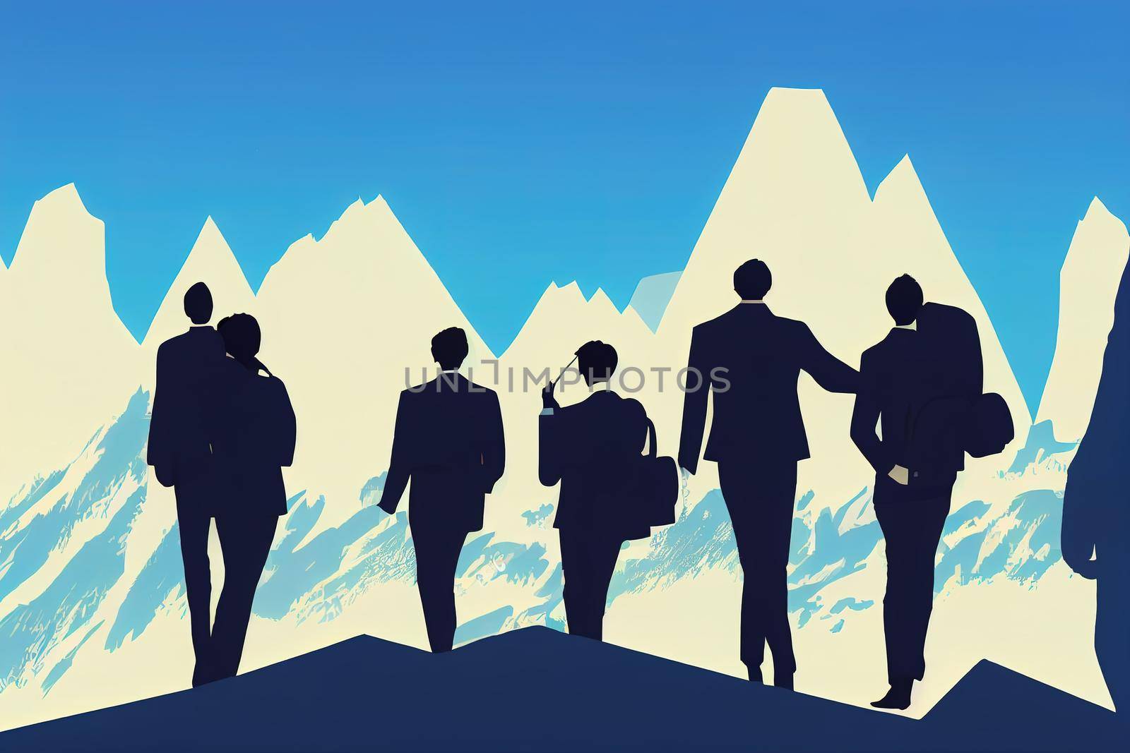 Silhouette group of businesspeople helping each other hike up a mountain on white background, Business, success, leadership, achievement