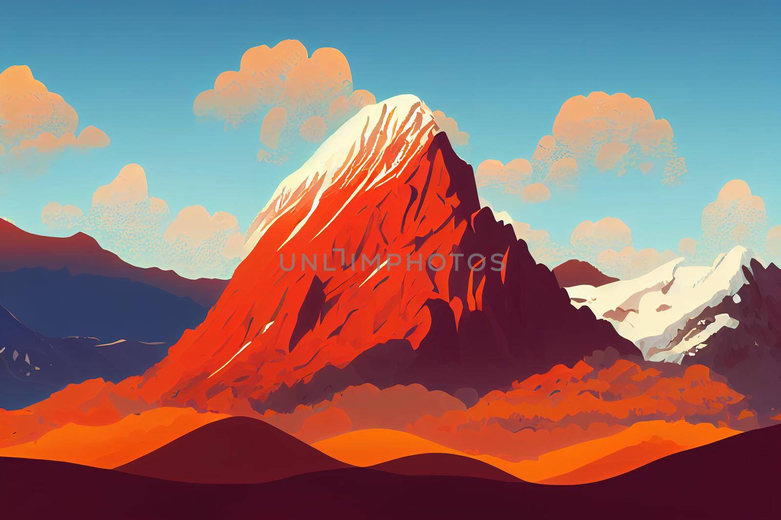 Scenic highlands landscape with great snowy mountain peak behind by 2ragon