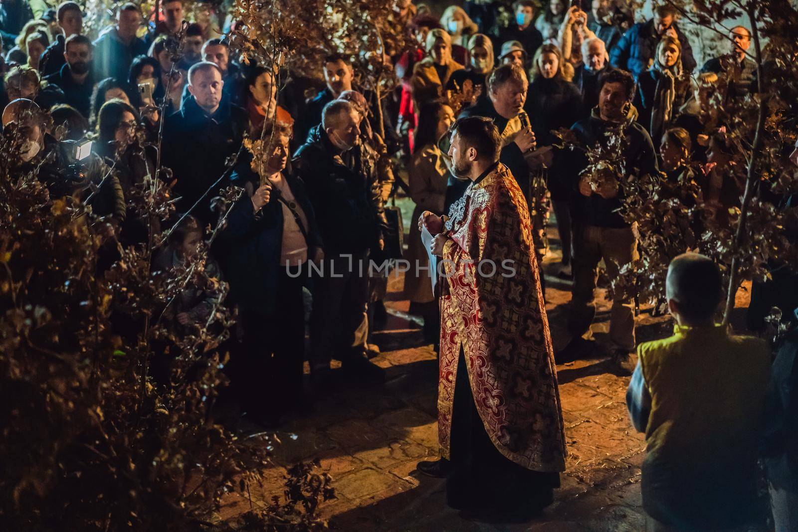 Montenegro, Budva 7.01. 2021: Christian Christmas in Montenegro, the feast of the oak branch. People burn an oak branch in honor of Christmas.