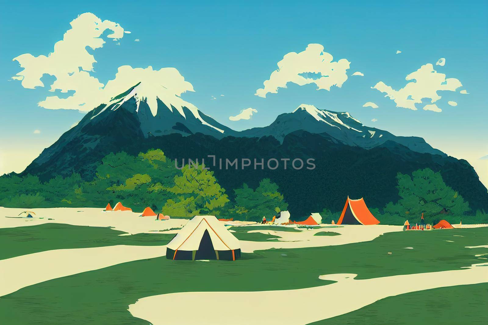 scenery of Raichosawa campsite,tateyama mountain range, Toyama prefecture, Japan anime style, cartoon style toon style