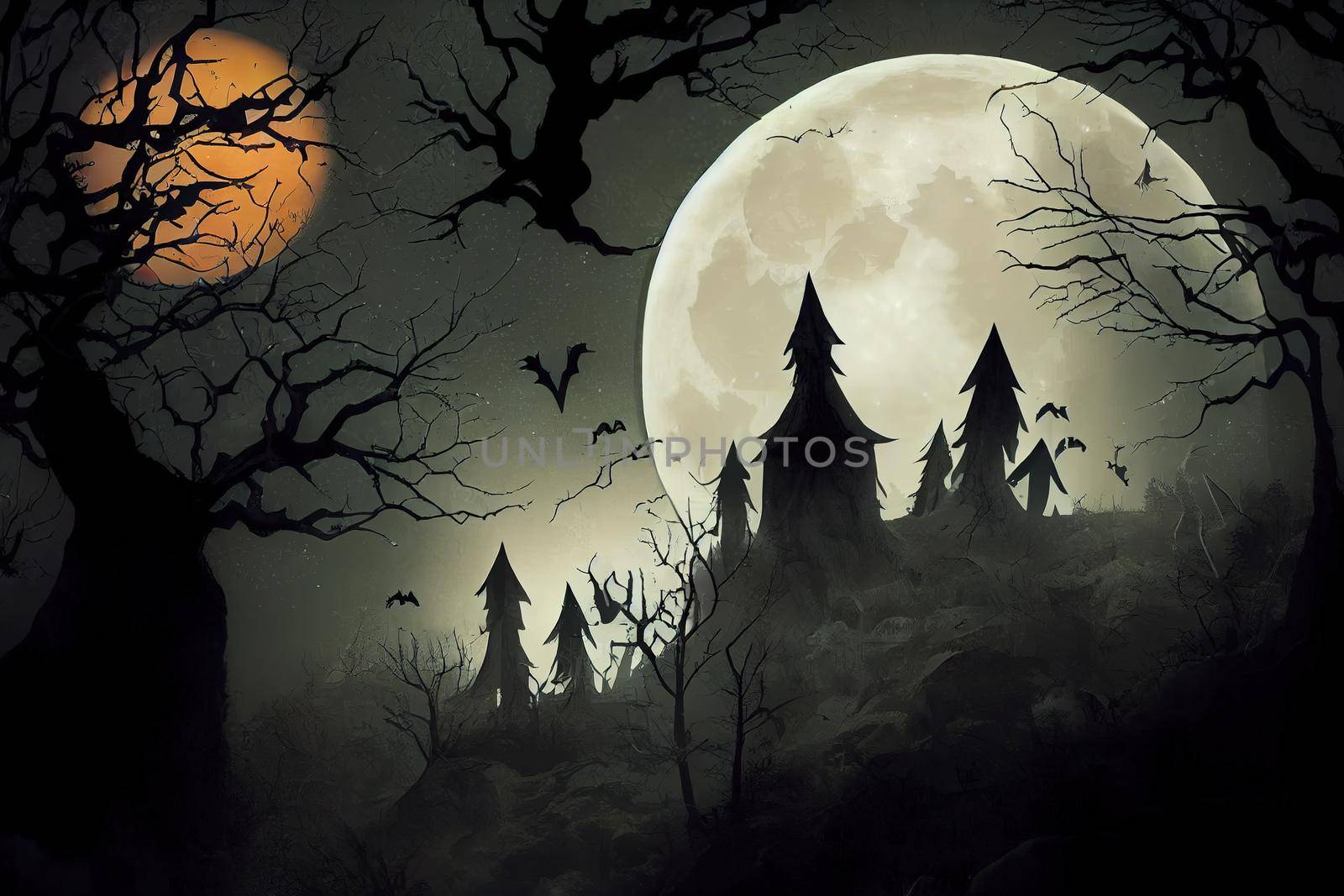Halloween background.Spooky forest with full moon Background by 2ragon