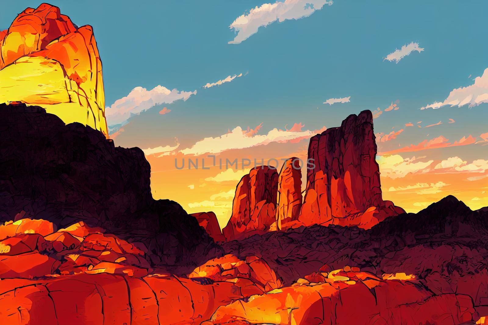 Red rocks at sunset in the canyon, Mountain rocks in canyon desert, Mountain rocks in sunlight, Mountain rocks panorama anime style, cartoon style toon style