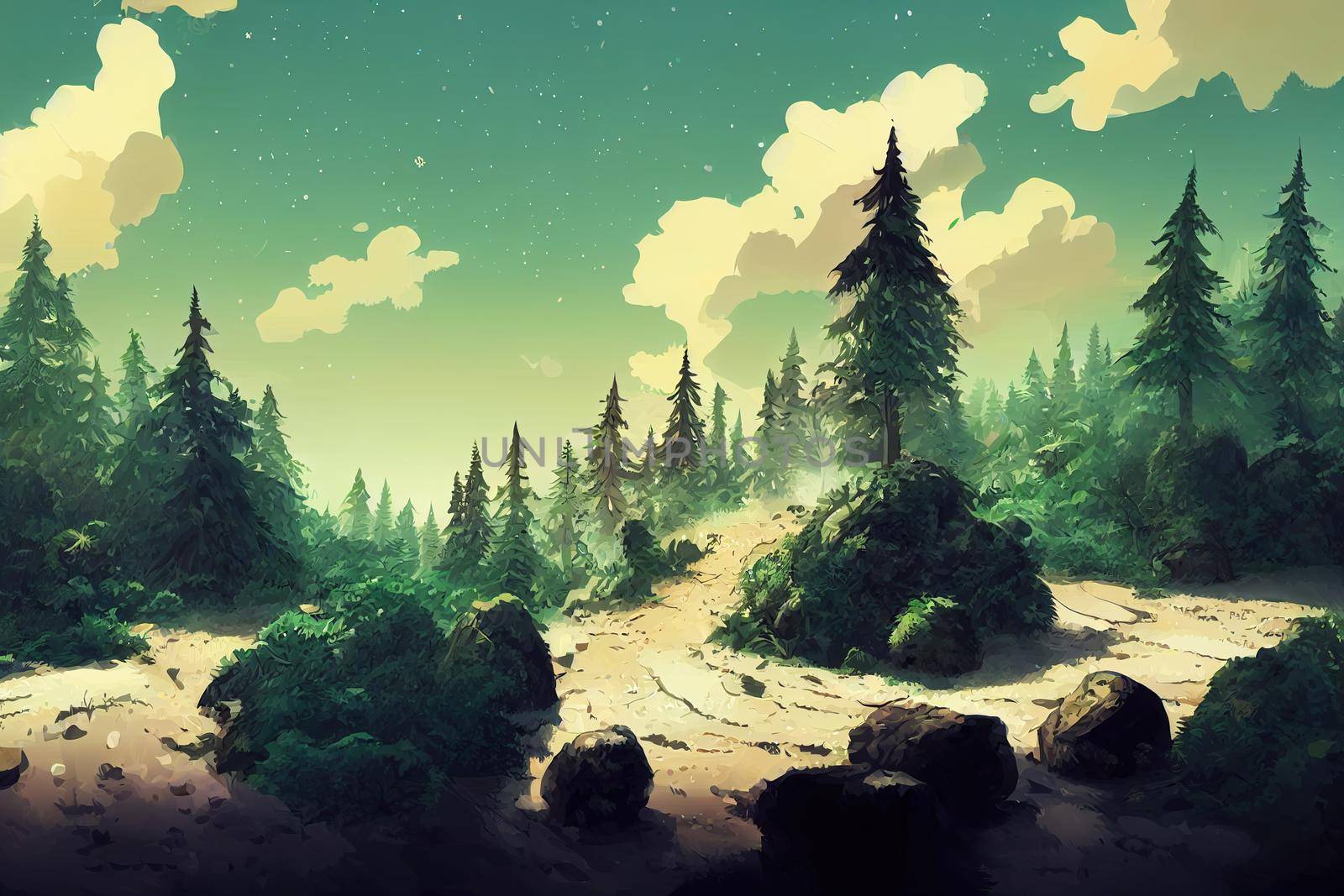 Forest landscape with stones, hand draw illustration, anime style, style, toon,