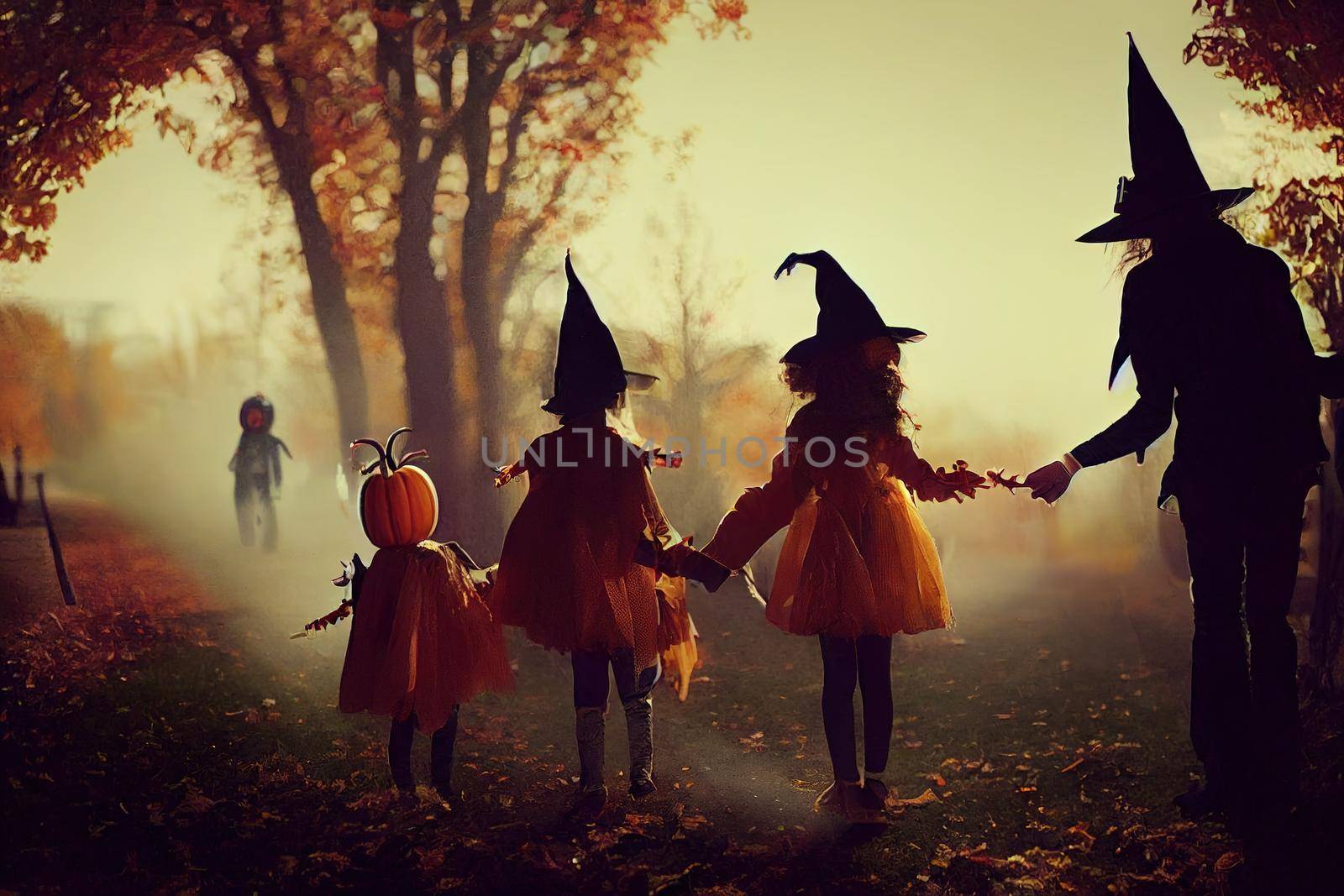 Group of kids with Halloween costumes walking to trick or treating