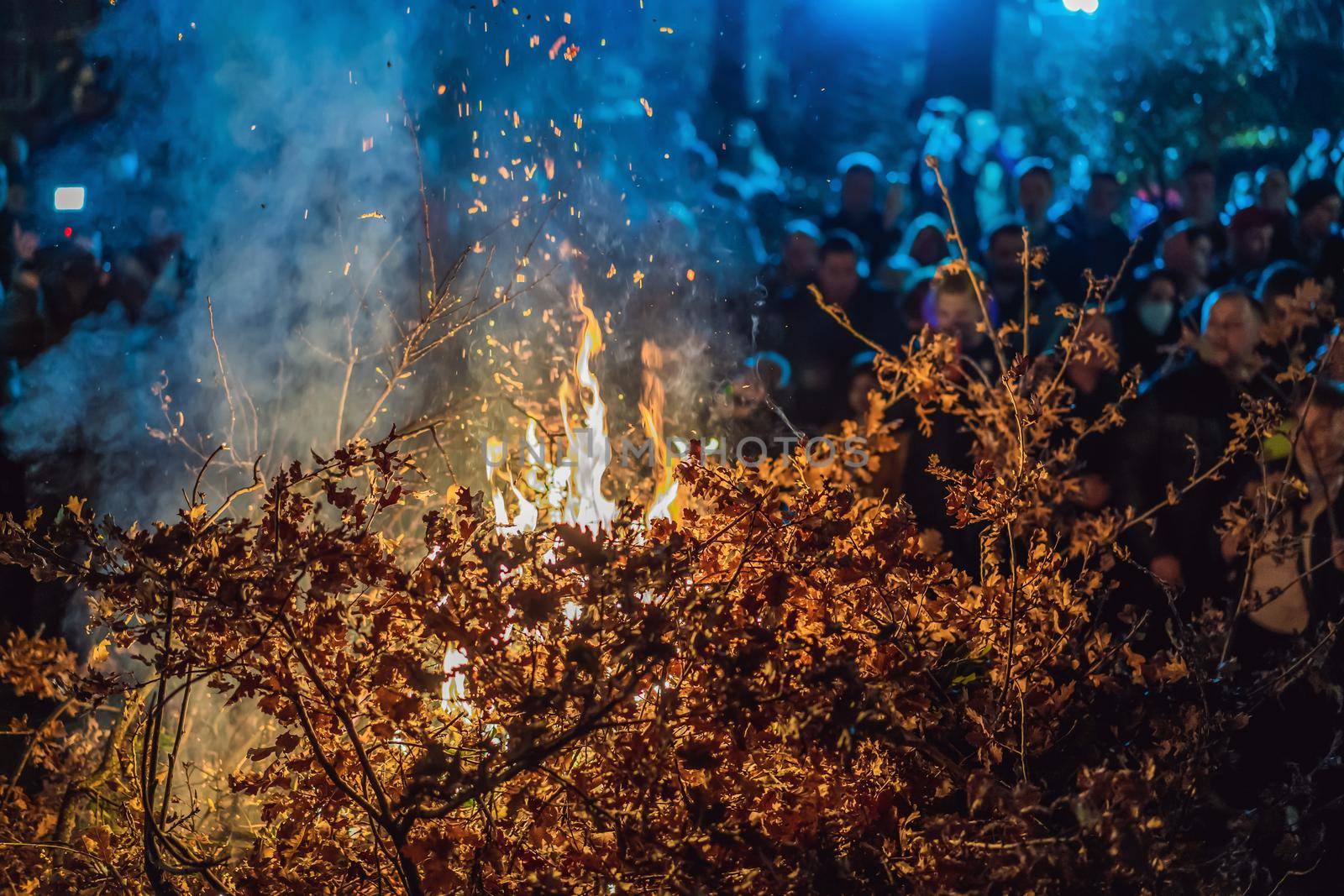 Montenegro, Budva 7.01. 2021: Christian Christmas in Montenegro, the feast of the oak branch. People burn an oak branch in honor of Christmas.