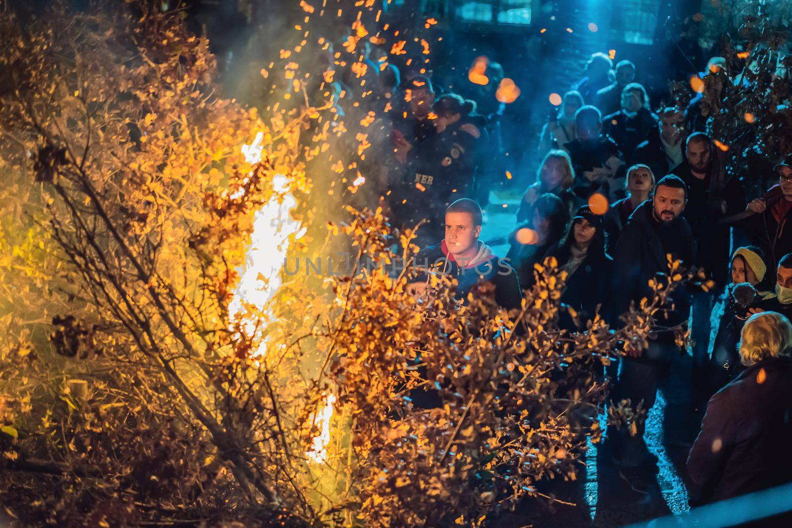 Montenegro, Budva 7.01. 2021: Christian Christmas in Montenegro, the feast of the oak branch. People burn an oak branch in honor of Christmas.