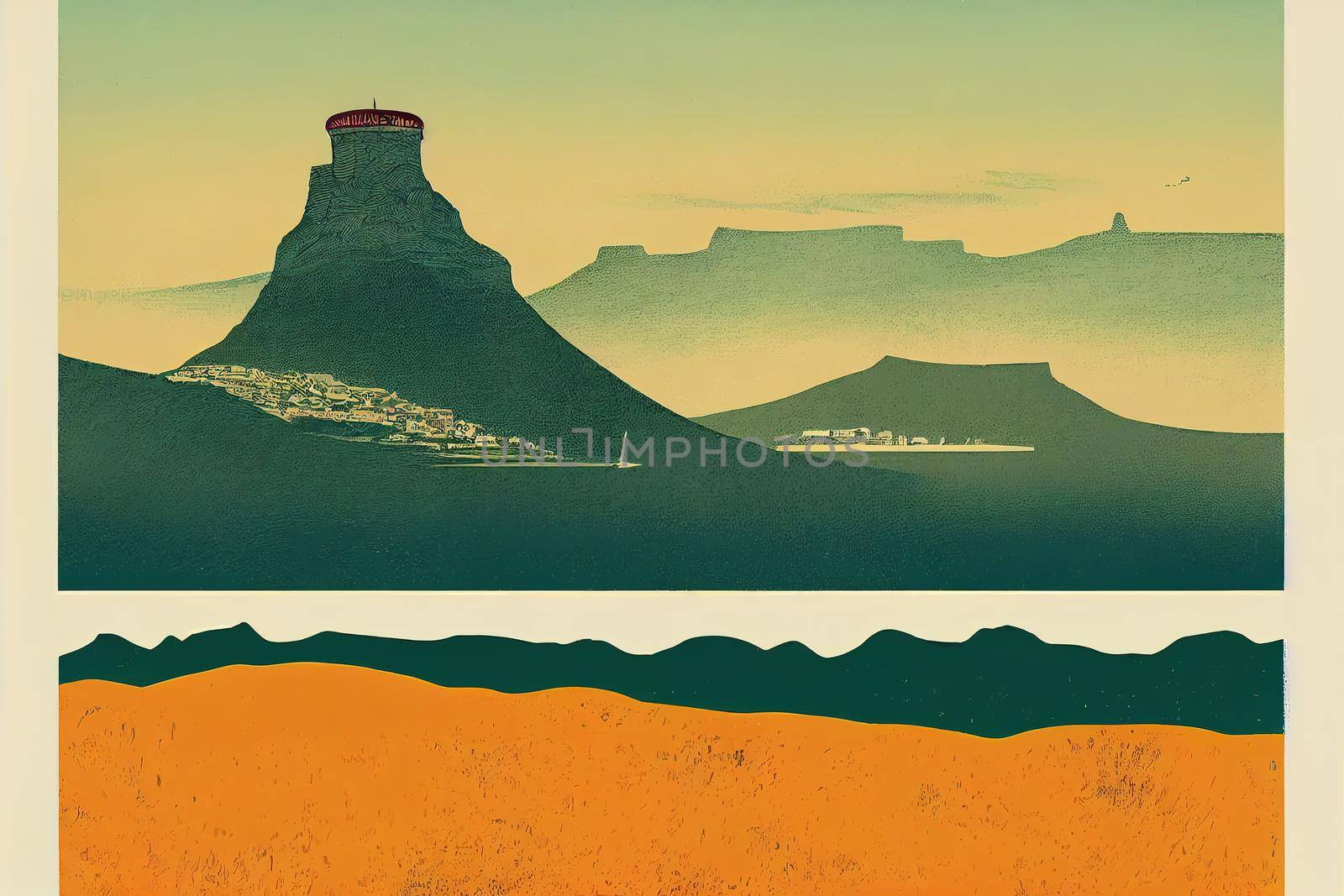 table mountain view in cape town vintage poster illustration by 2ragon
