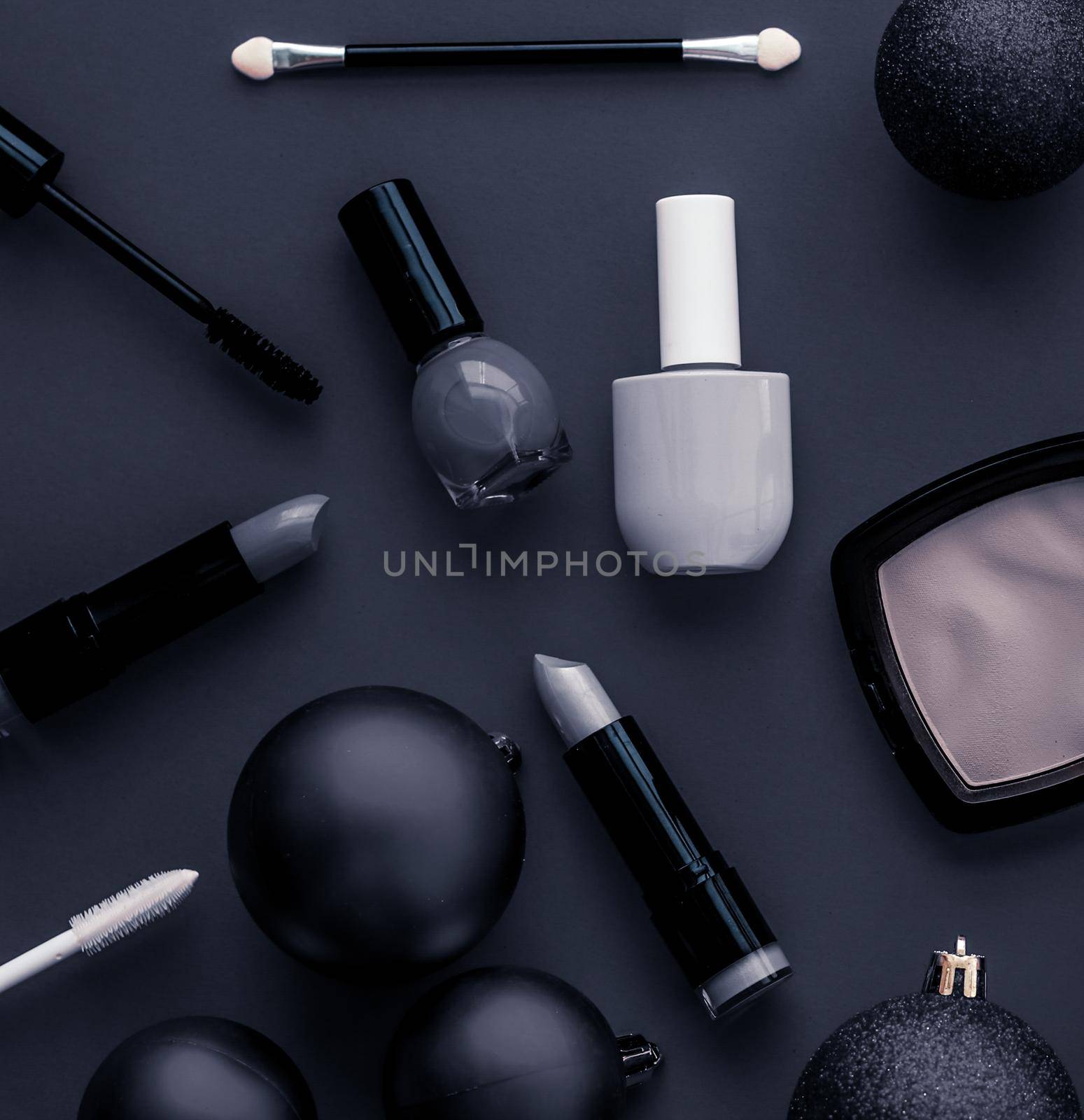 Make-up and cosmetics product set for beauty brand Christmas sale promotion, luxury black flatlay background as holiday design by Anneleven