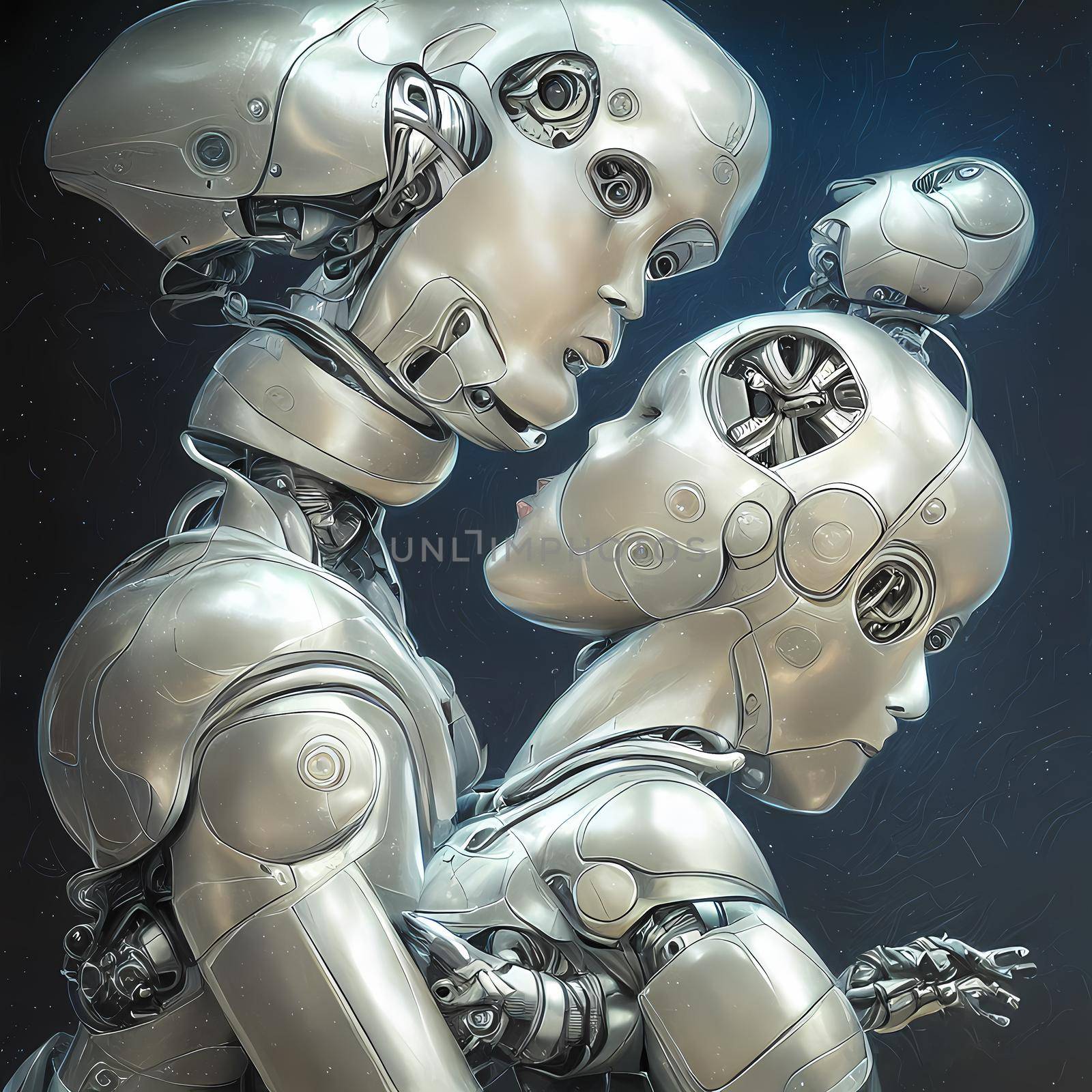 Very surrealistic detailed portrait of two pearl skinned humanoid androids embracing, AI generated 3D illustration with manual composing