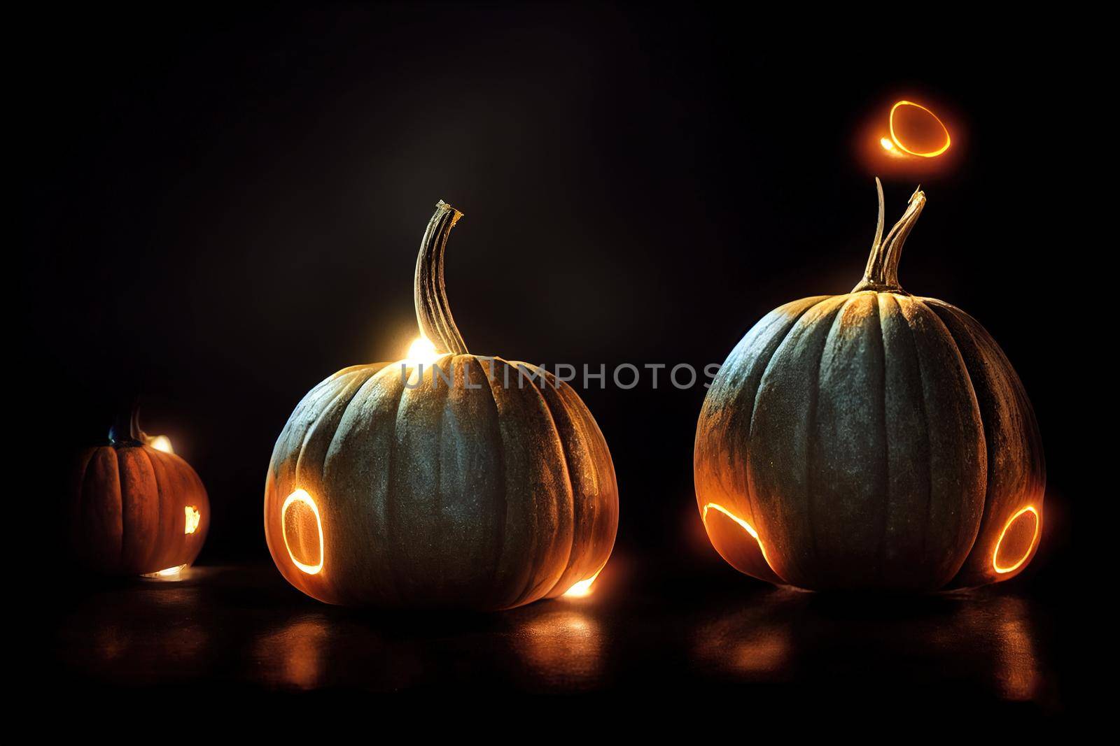 Glowing pumpkins levitate on a black background illustration