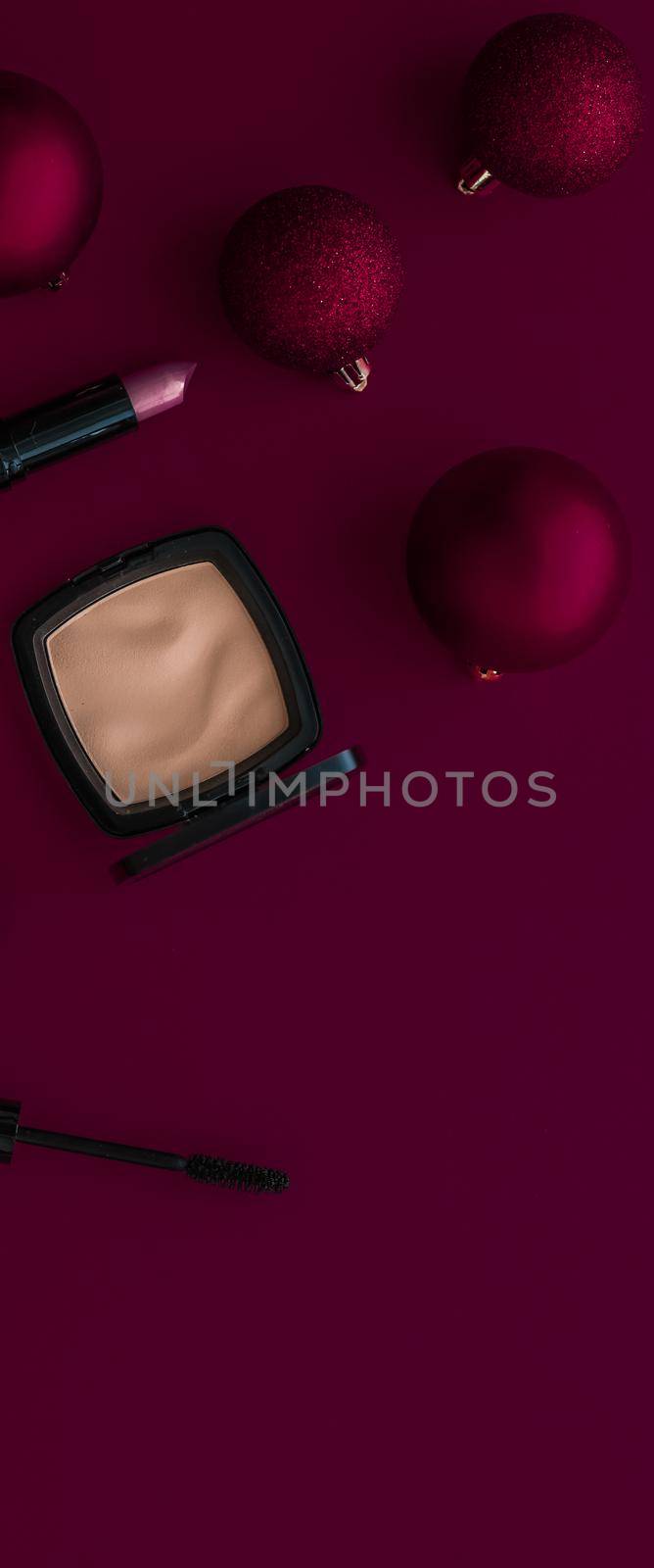 Make-up and cosmetics product set for beauty brand Christmas sale promotion, luxury burgundy flatlay background as holiday design by Anneleven