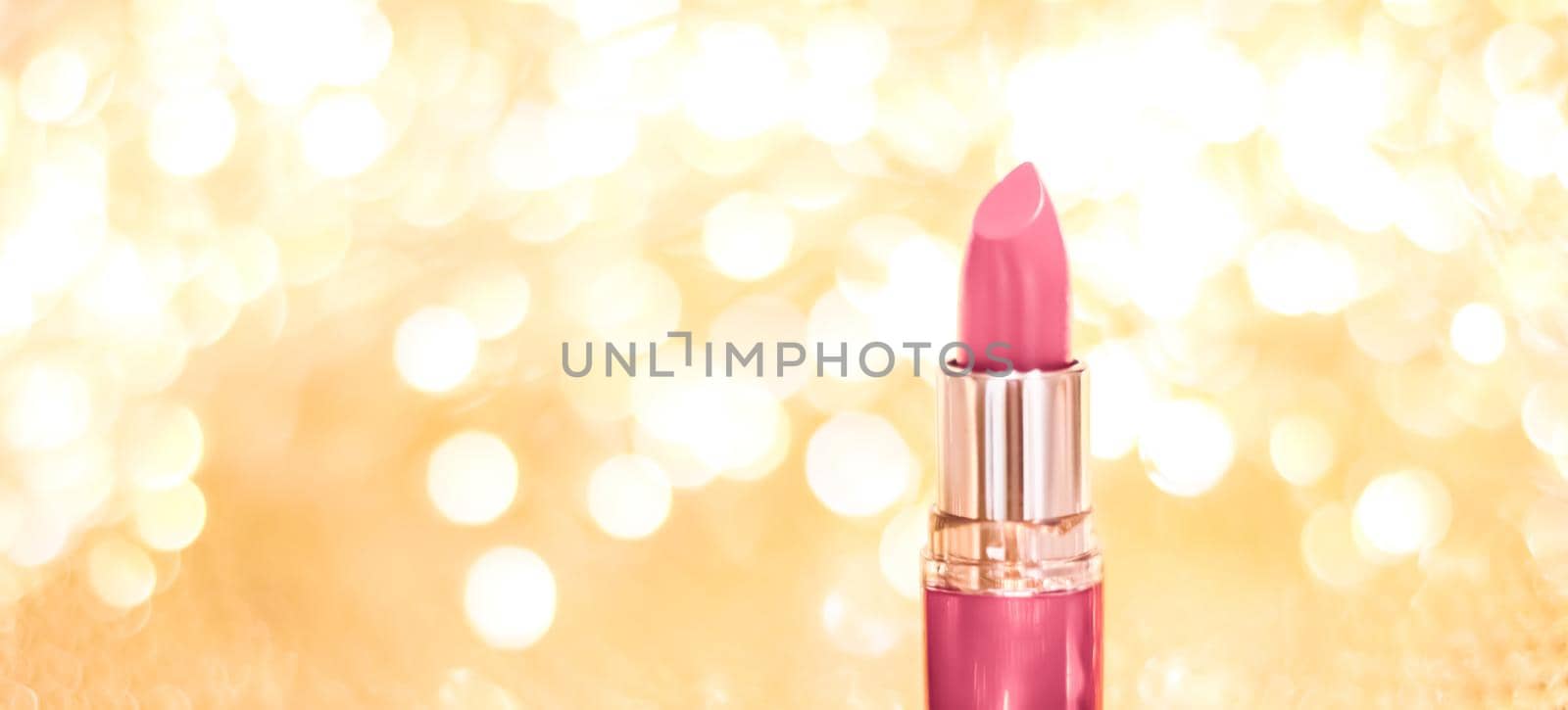 Cosmetic branding, sale and glamour concept - Rose lipstick on golden Christmas, New Years and Valentines Day holiday glitter background, make-up and cosmetics product for luxury beauty brand