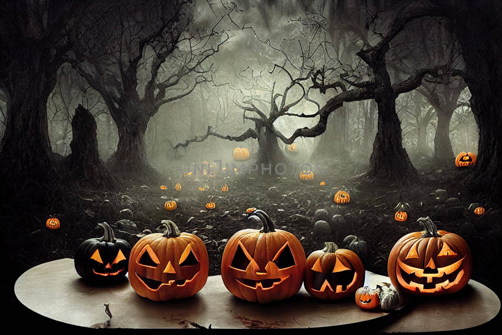 Halloween - Lanterns And Pumpkins On Wooden Table In A Haunted Forest