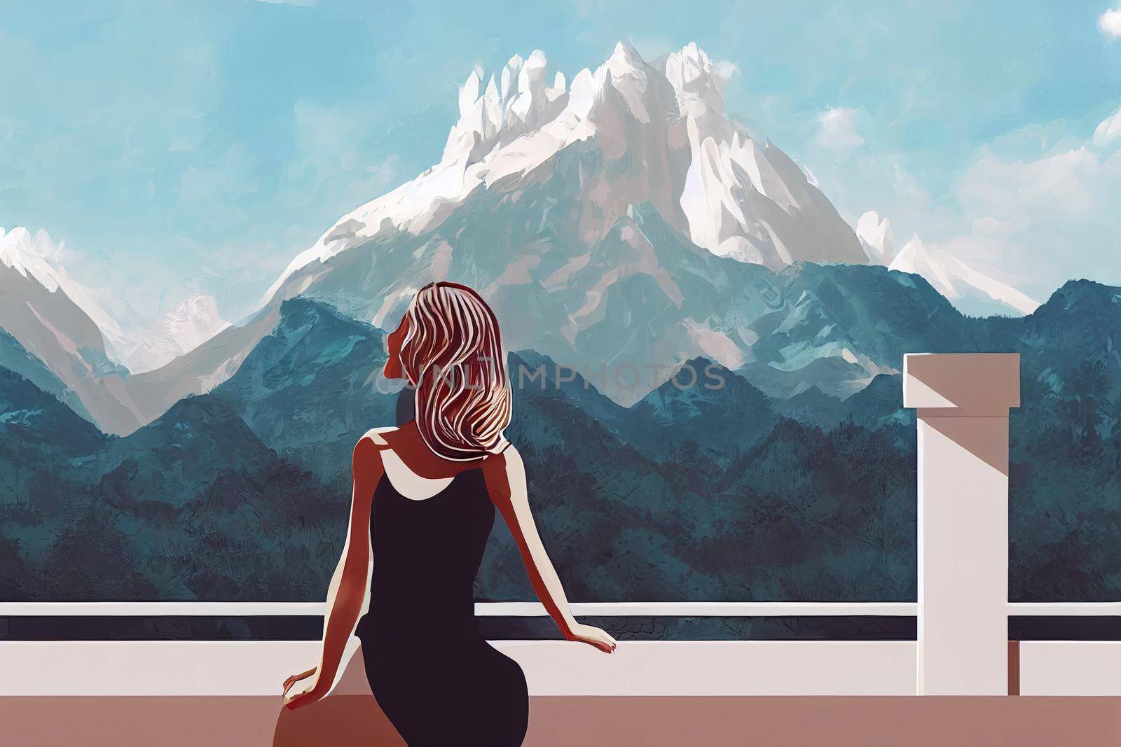 Portrait of gorgeous woman posing against the backdrop of mountains on the balcony architecture Relaxation concept, 2d illustration, 2d style