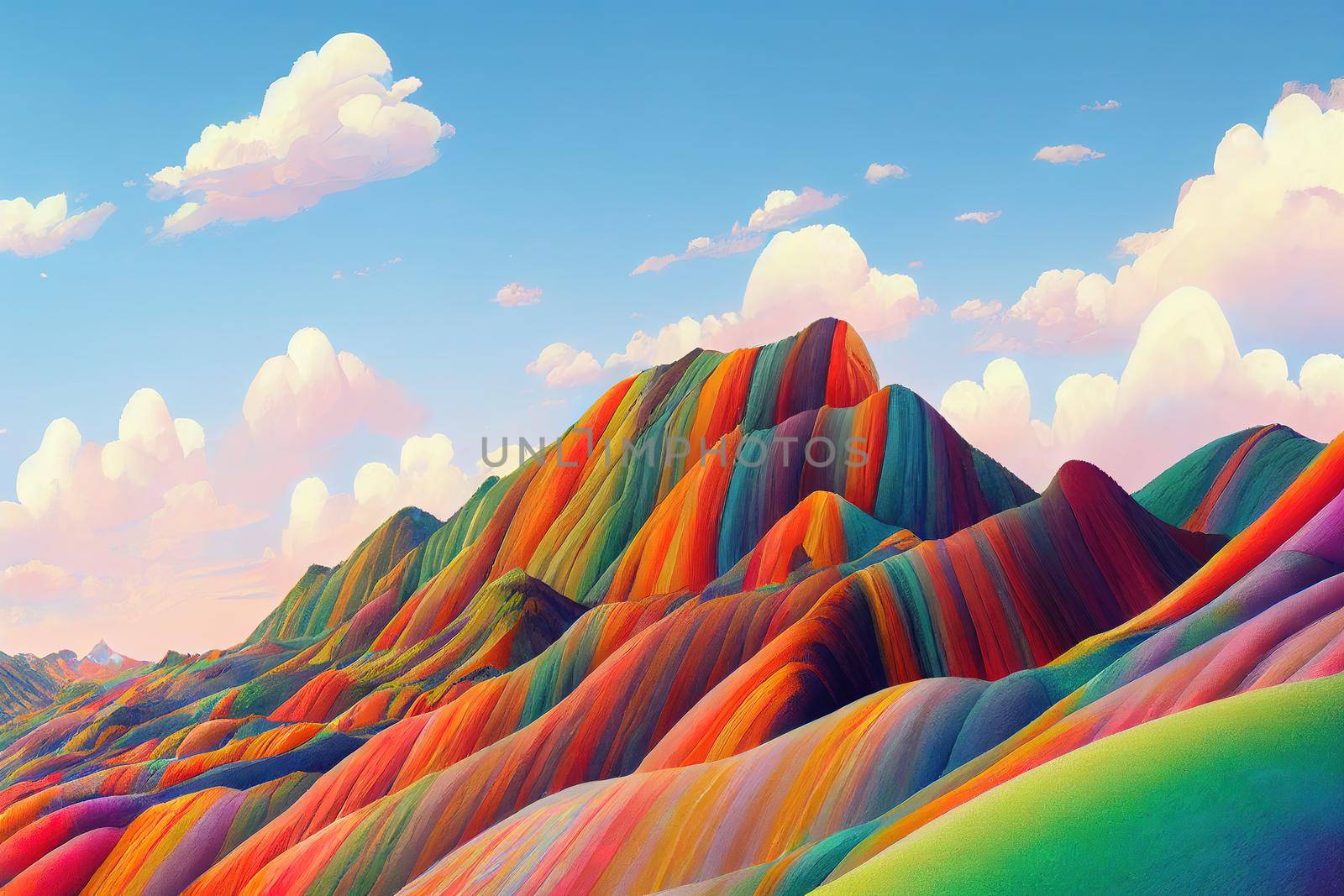 Rainbow mountains, Zhangye Danxia geopark, China, anime style, webtoon style