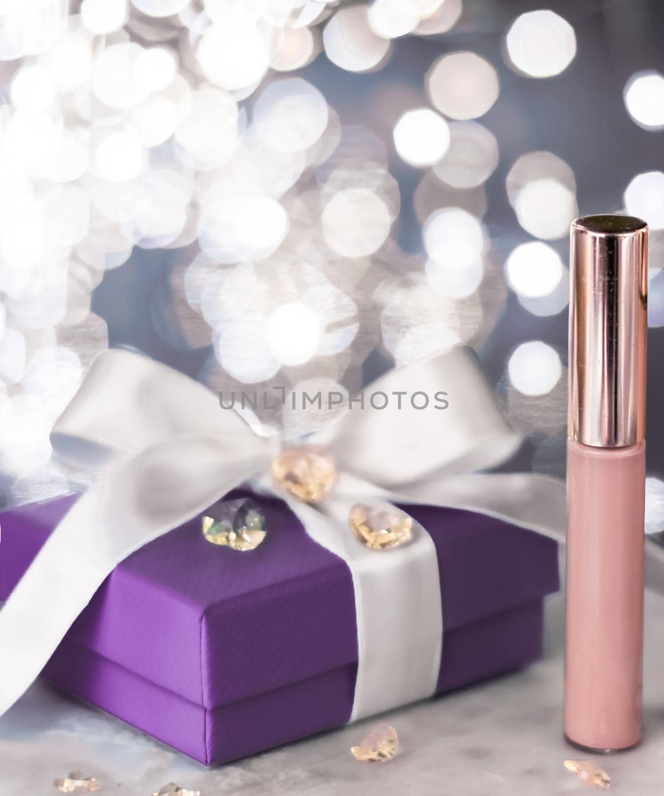 Holiday make-up foundation base, concealer and purple gift box, luxury cosmetics present and blank label products for beauty brand design by Anneleven