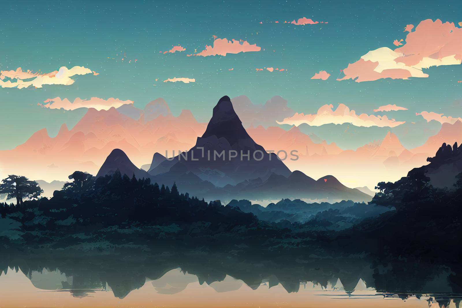 Mountain landscape with a dawn, an elongated format for the convenience of using it as a background,, anime style, cartoon style, toon style