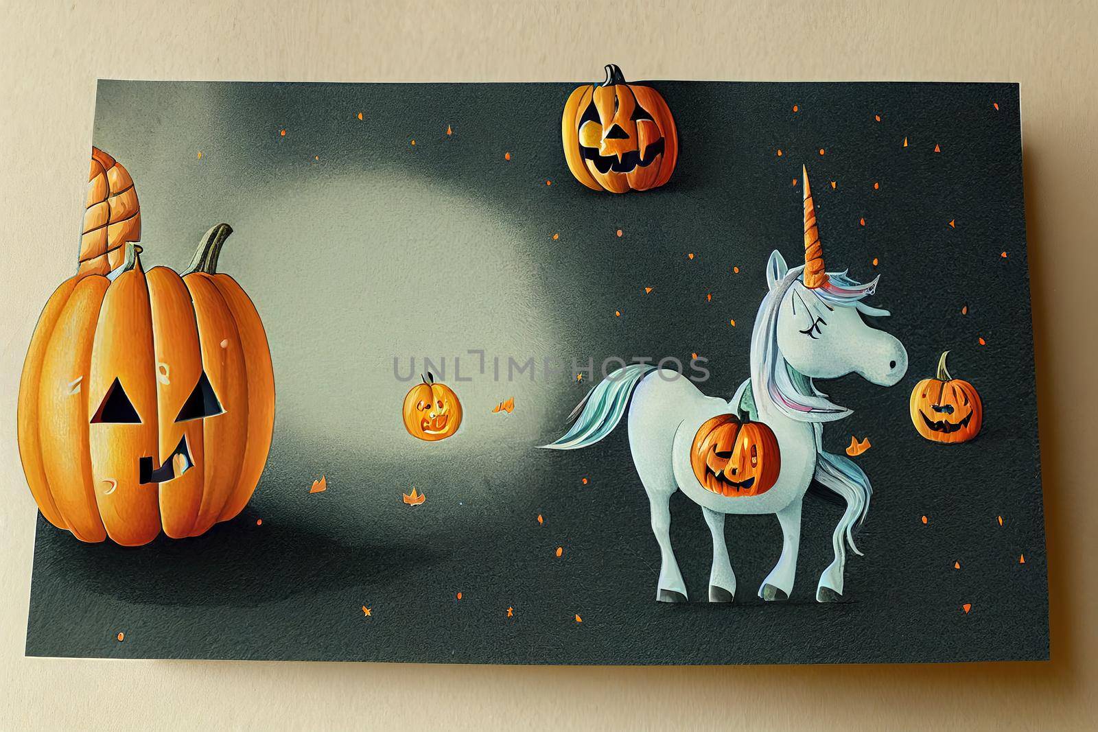 Greeting Halloween Card Cute Cartoon Unicorn with pumpkin illustration kids style
