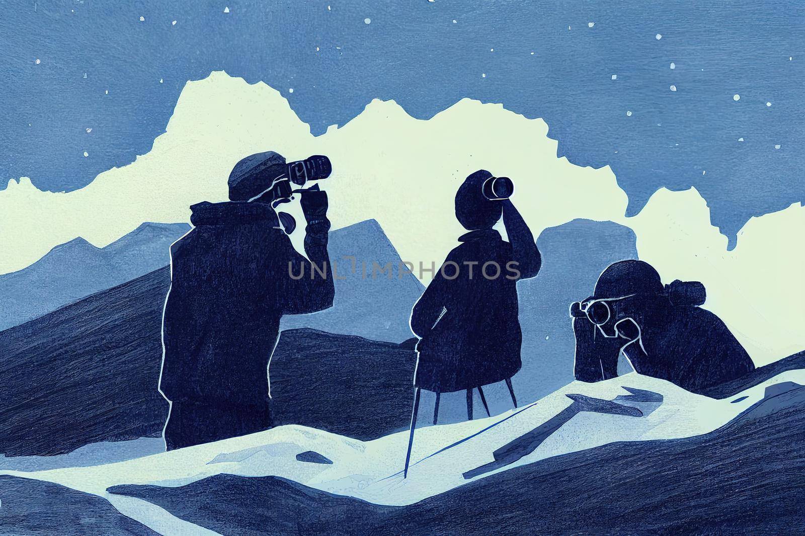 Shooters in mountain gear on the slope are watching the situation through binoculars, Two people are looking through binoculars