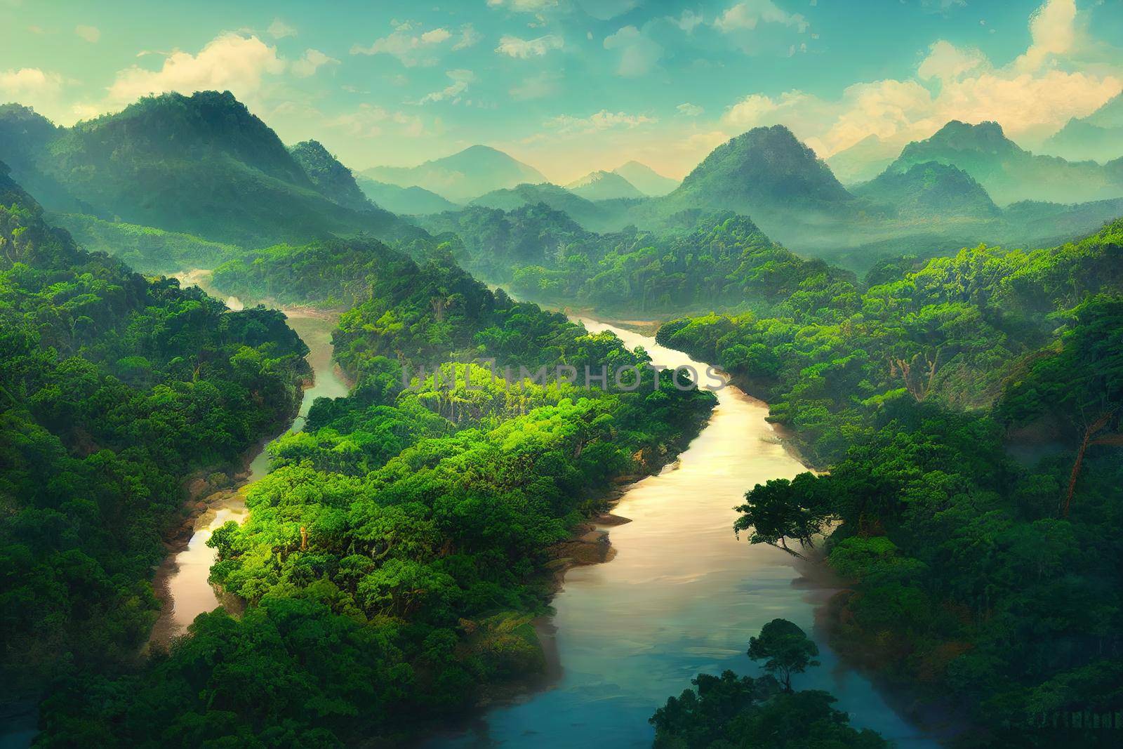 Beautiful natural scenery of river in southeast Asia tropical green forest with mountains in background, aerial view drone shot, anime style, style, toon,